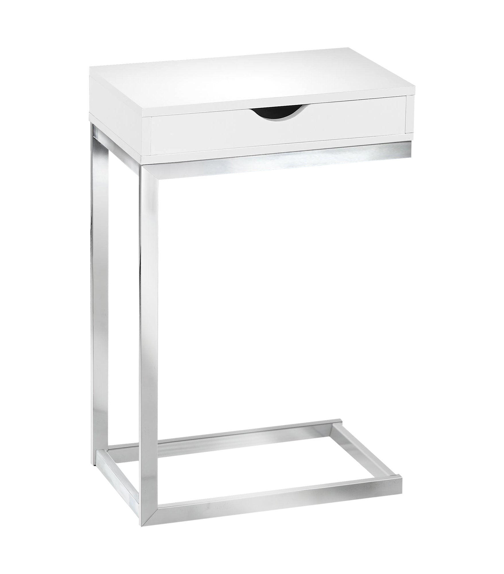 MN-853031    Accent Table, C-Shaped, End, Side, Snack, Living Room, Bedroom, Storage Drawer, Metal Legs, Laminate, Glossy White, Chrome, Contemporary, Modern