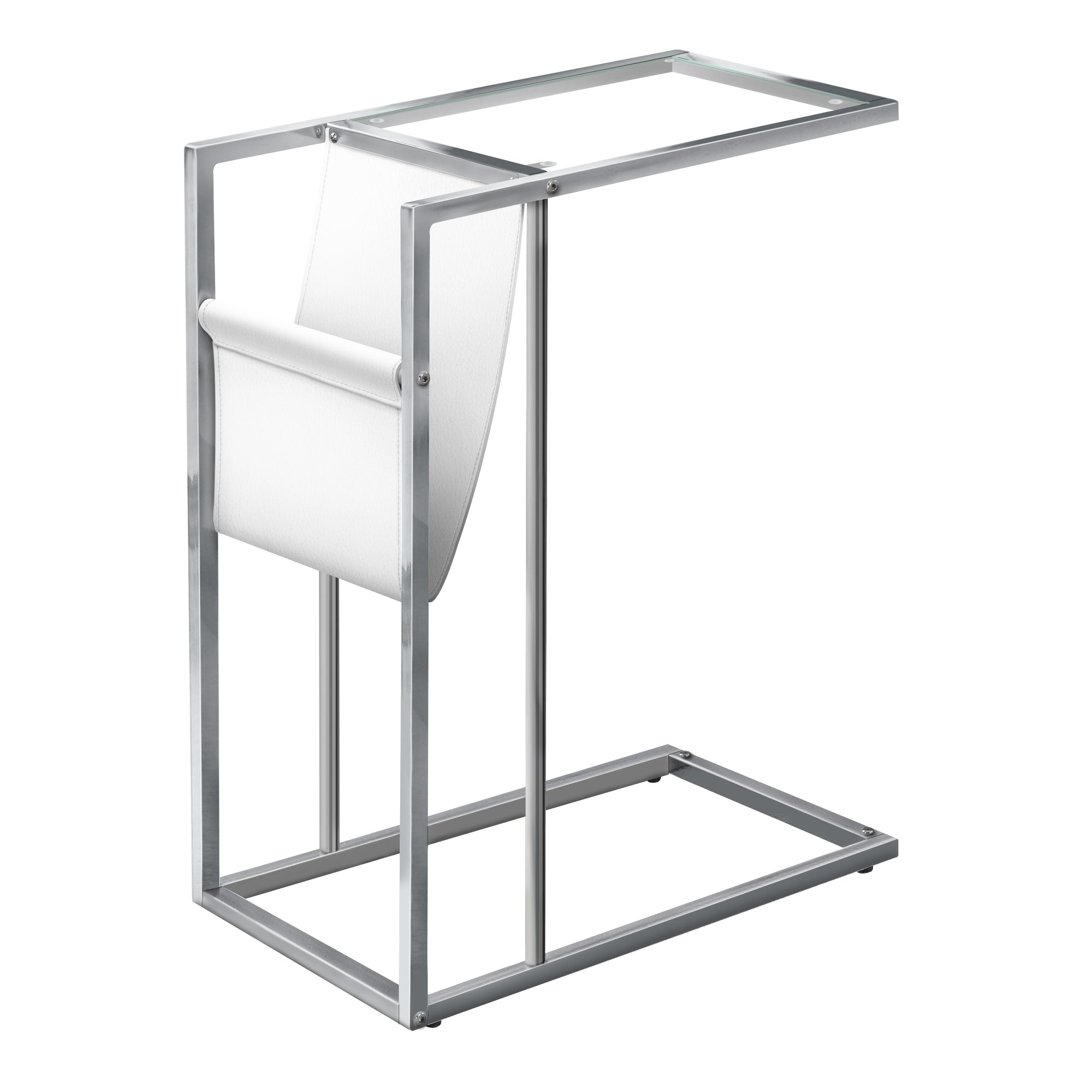 MN-873034    Accent Table, C-Shaped, End, Side, Snack, Living Room, Bedroom, Magazine Storage, Metal Legs, Leather Look, Tempered Glass, Chrome, Clear, Contemporary, Modern