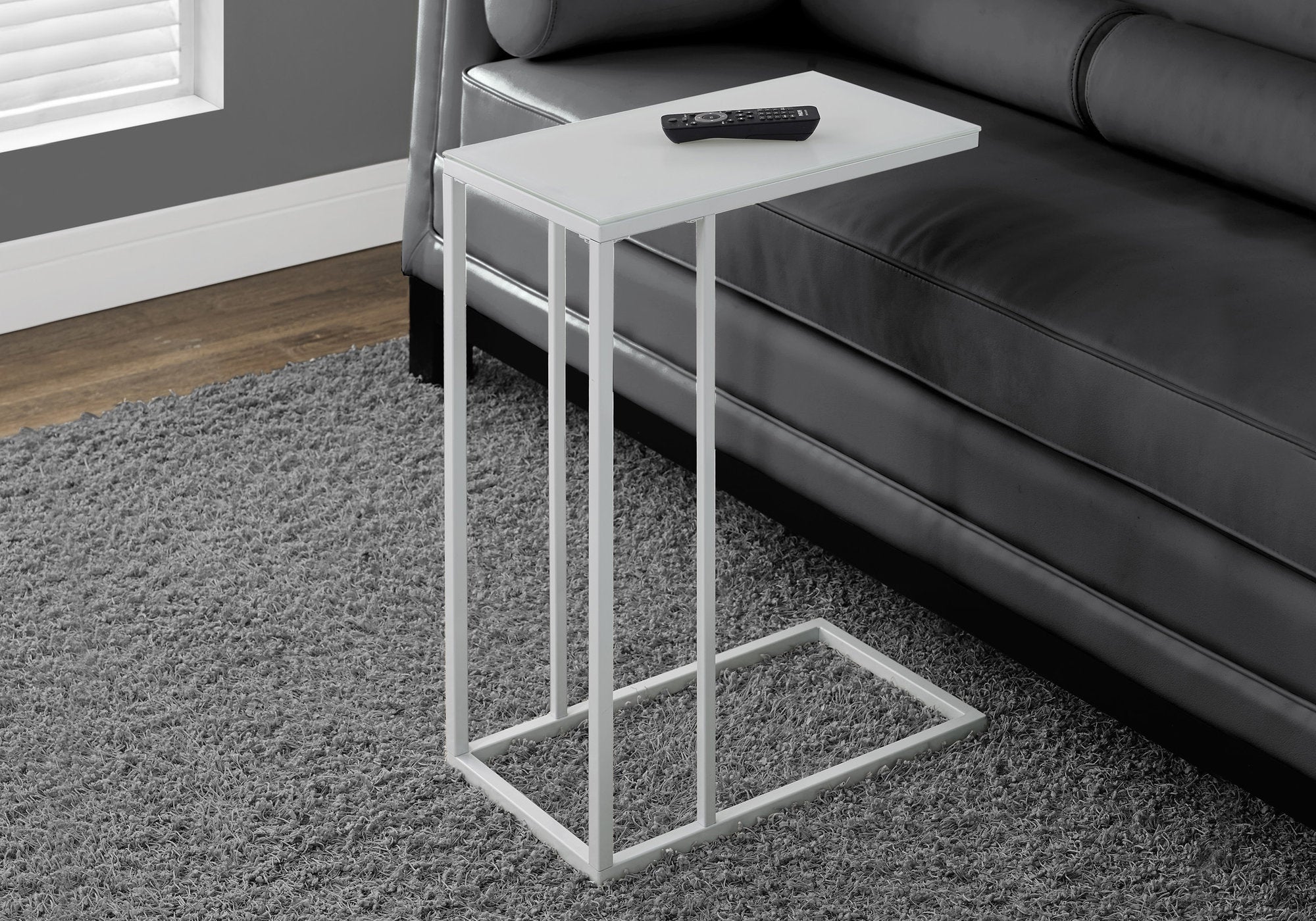 MN-883037    Accent Table, C-Shaped, End, Side, Snack, Living Room, Bedroom, Metal Legs, Tempered Glass, White, White, Contemporary, Modern