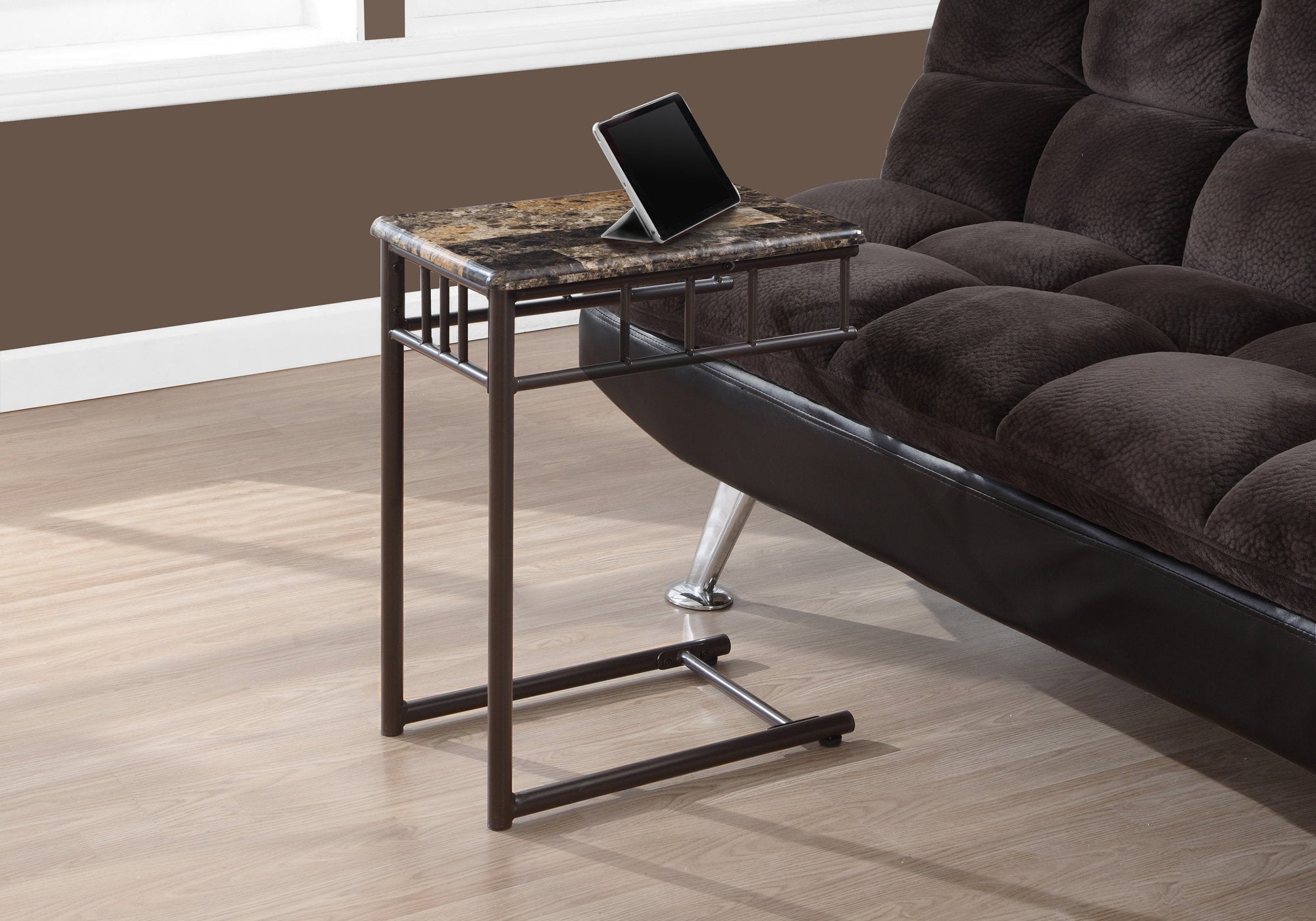 MN-893043    Accent Table, Side, End, Plsant Stand, Square, Living Room, Bedroom, Metal Legs, Laminate, Brown Marble Look, Bronze, Traditional