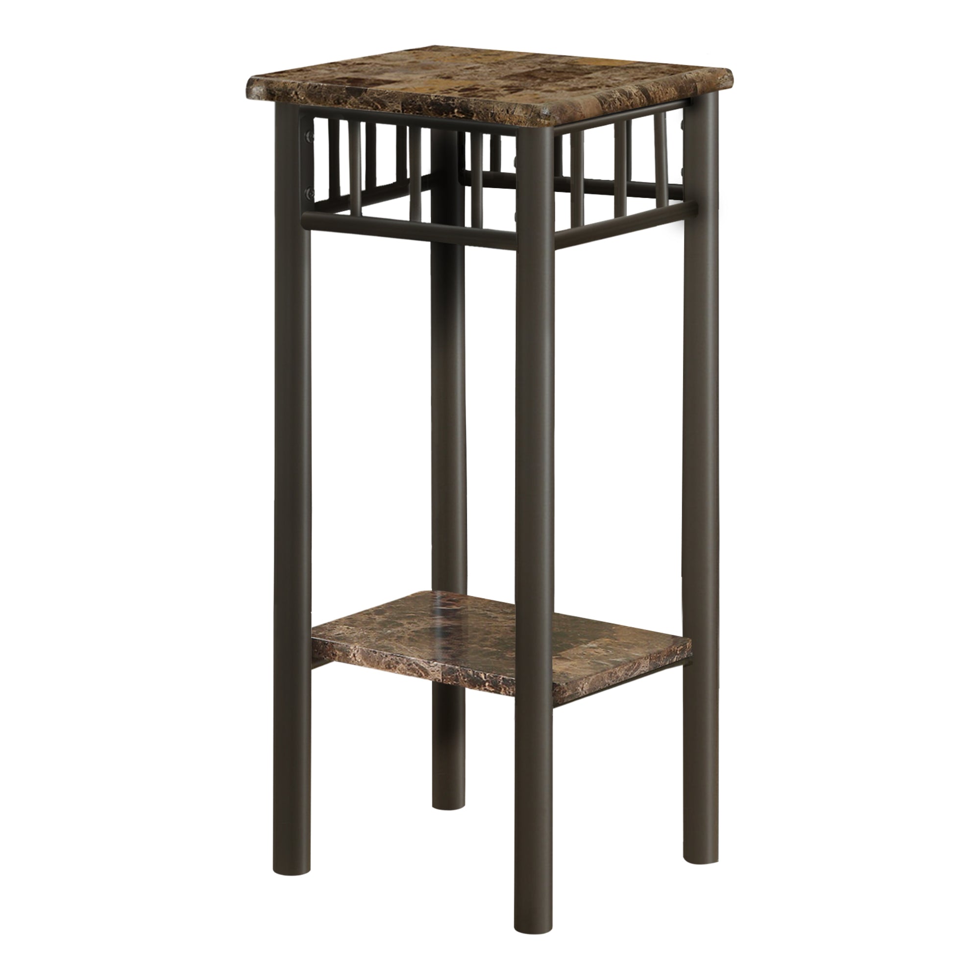MN-903044    Accent Table, Side, End, Plant Stand, Square, Living Room, Bedroom, Metal Legs, Laminate, Brown Marble Look, Bronze, Contemporary, Modern
