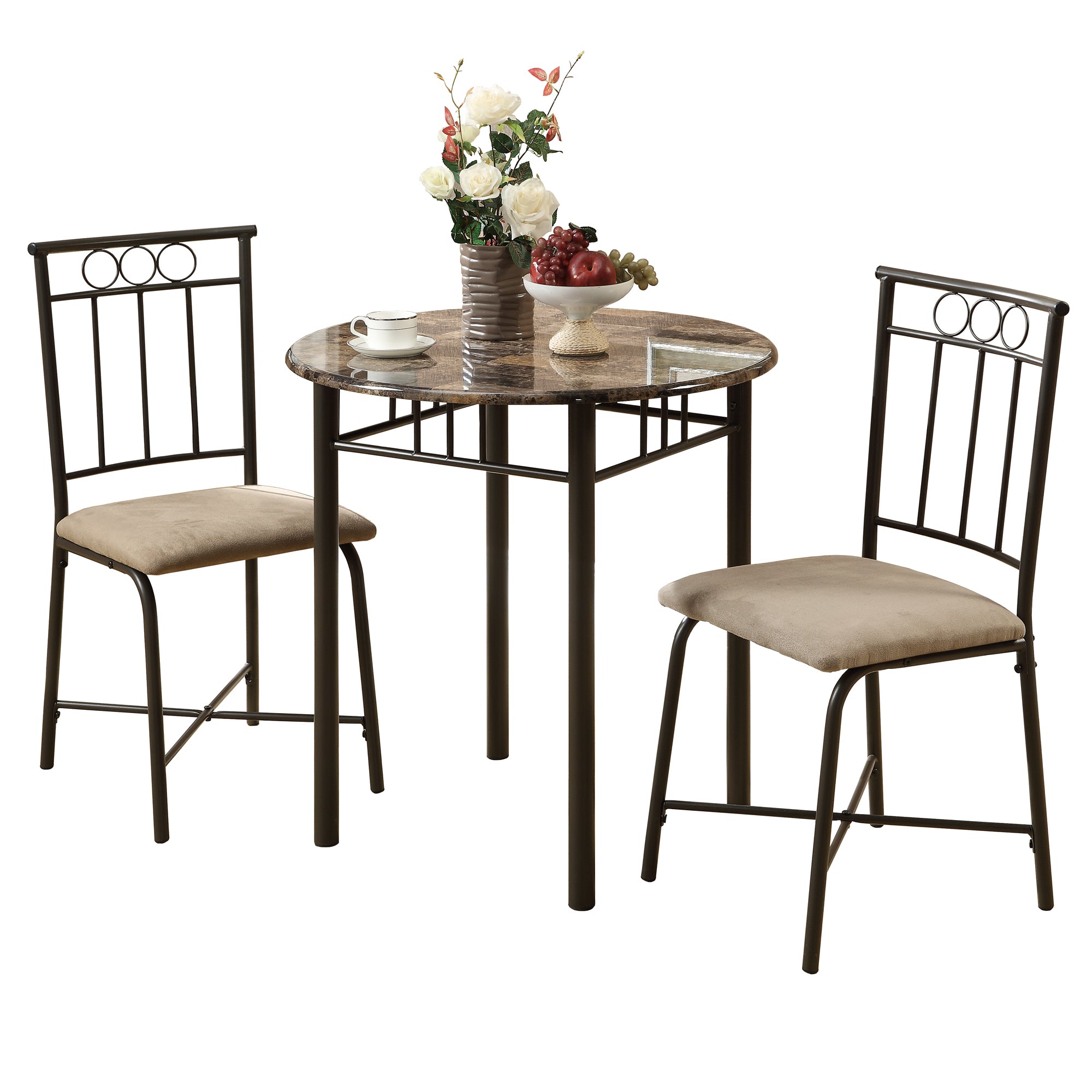 MN-913045    Dining Table Set, 3Pcs Set, Metal, Small, 30" Round, Kitchen, Metal, Laminate, Brown Marble Look, Bronze, Traditional