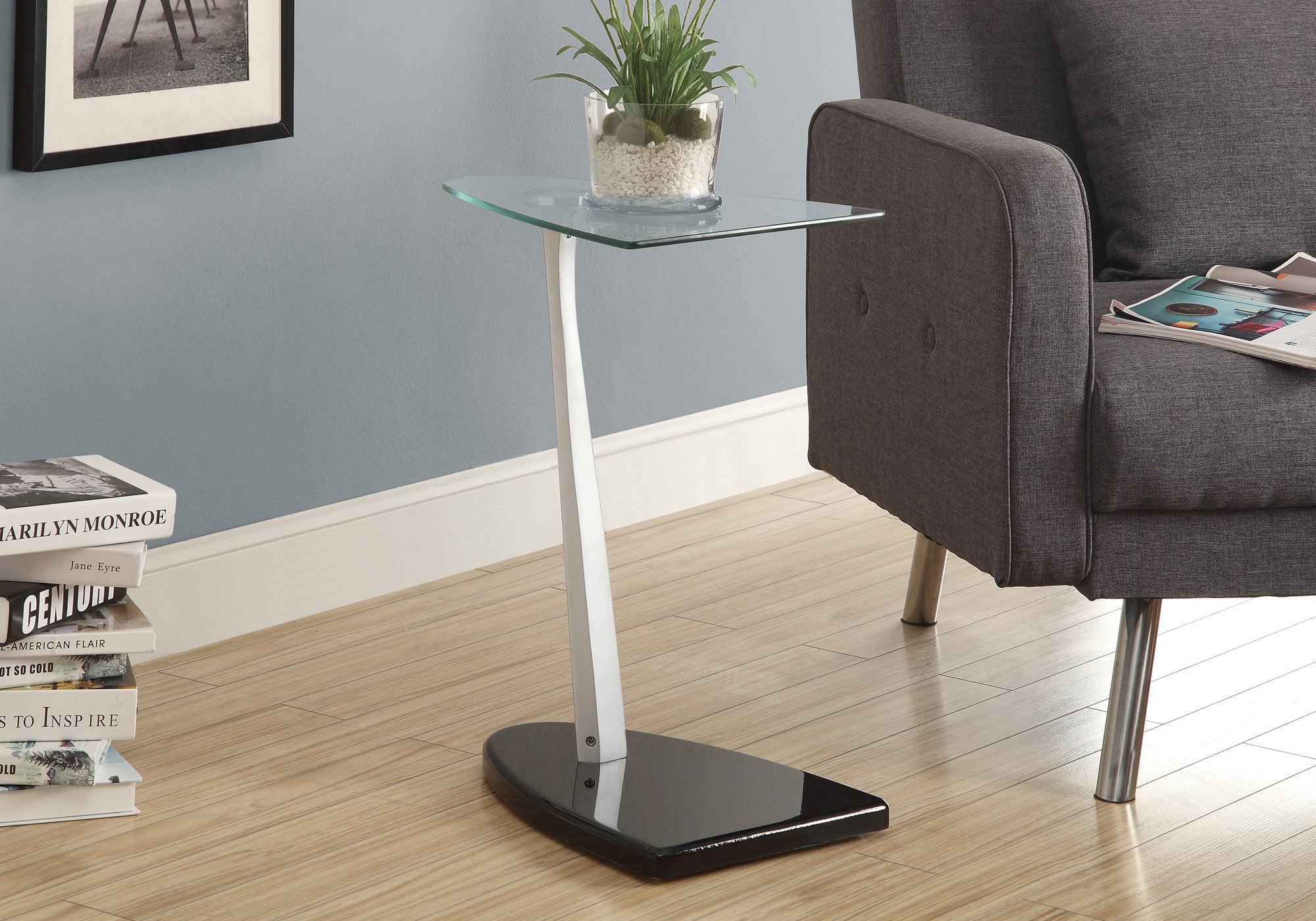 MN-923047    Accent Table, Side, End, Plsant Stand, Square, Living Room, Bedroom, Laminate, Tempered Glass, Glossy Black, Black, Contemporary, Modern