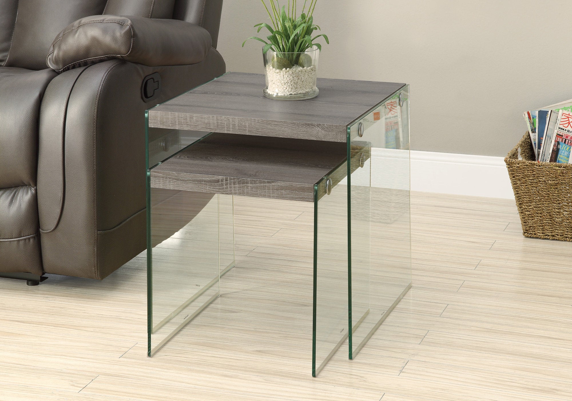 MN-933053    Nesting Table, Set Of 2, Side, End, Tempered Glass, Accent, Living Room, Bedroom, Tempered Glass, Laminate, Dark Taupe, Clear, Contemporary, Modern