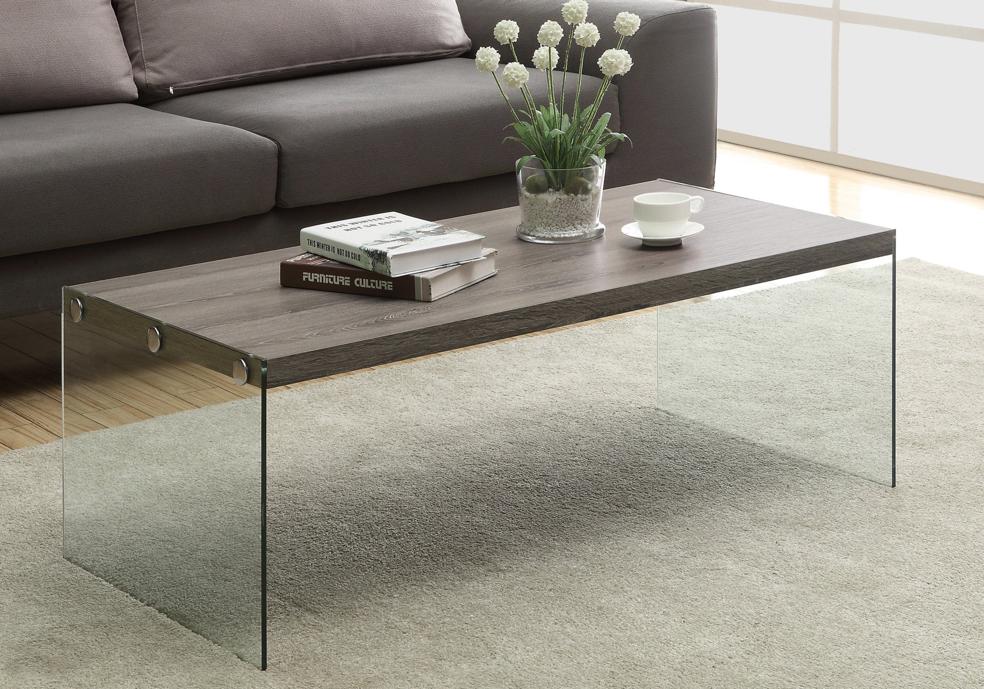 MN-943054    Coffee Table, Accent, Cocktail, Rectangular, Living Room, Tempered Glass, Laminate, Dark Taupe, Clear, Contemporary, Modern