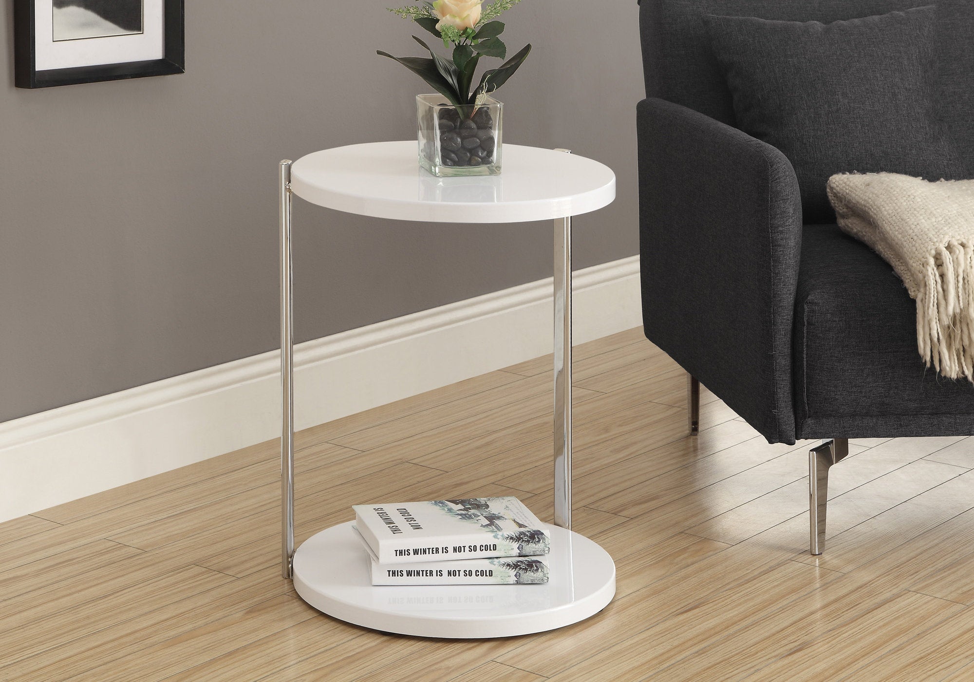 MN-963056    Accent Table, Side, End, Nightstand, Lamp, Living Room, Bedroom, Metal Base, Laminate, Glossy White, Chrome, Contemporary, Modern