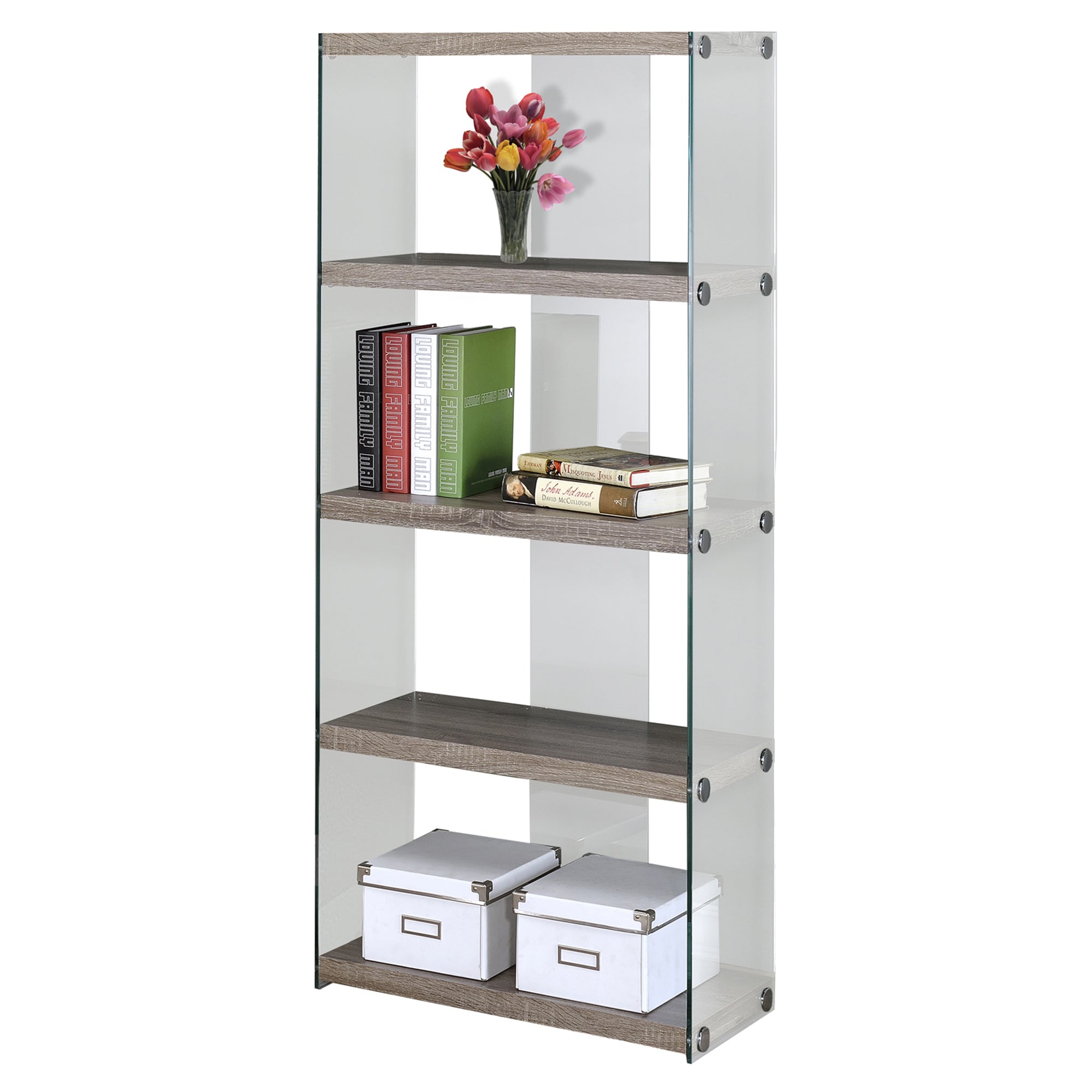 MN-993060    Bookshelf, Bookcase, Etagere, 5 Tier, Office, Bedroom, 60"H, Tempered Glass, Laminate, Dark Taupe, Clear, Contemporary, Modern