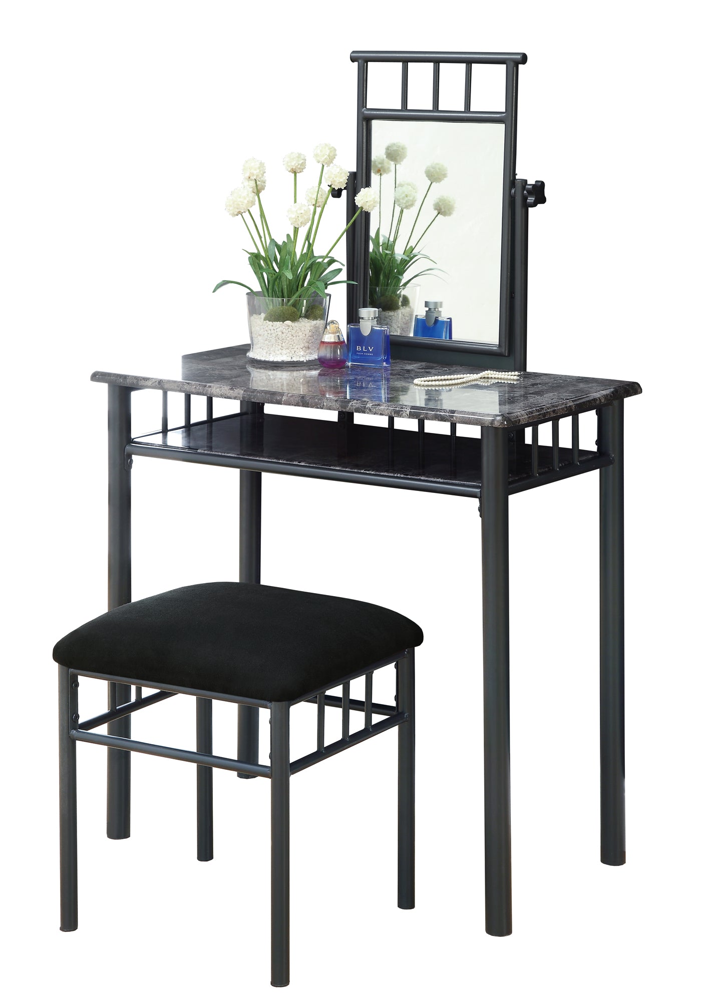 MN-103062    Vanity Set, Set Of 2, Makeup Table, Oranizer, Dressing Table, Bedroom, Metal, Fabric, Grey Marbe Look, Black, Traditional