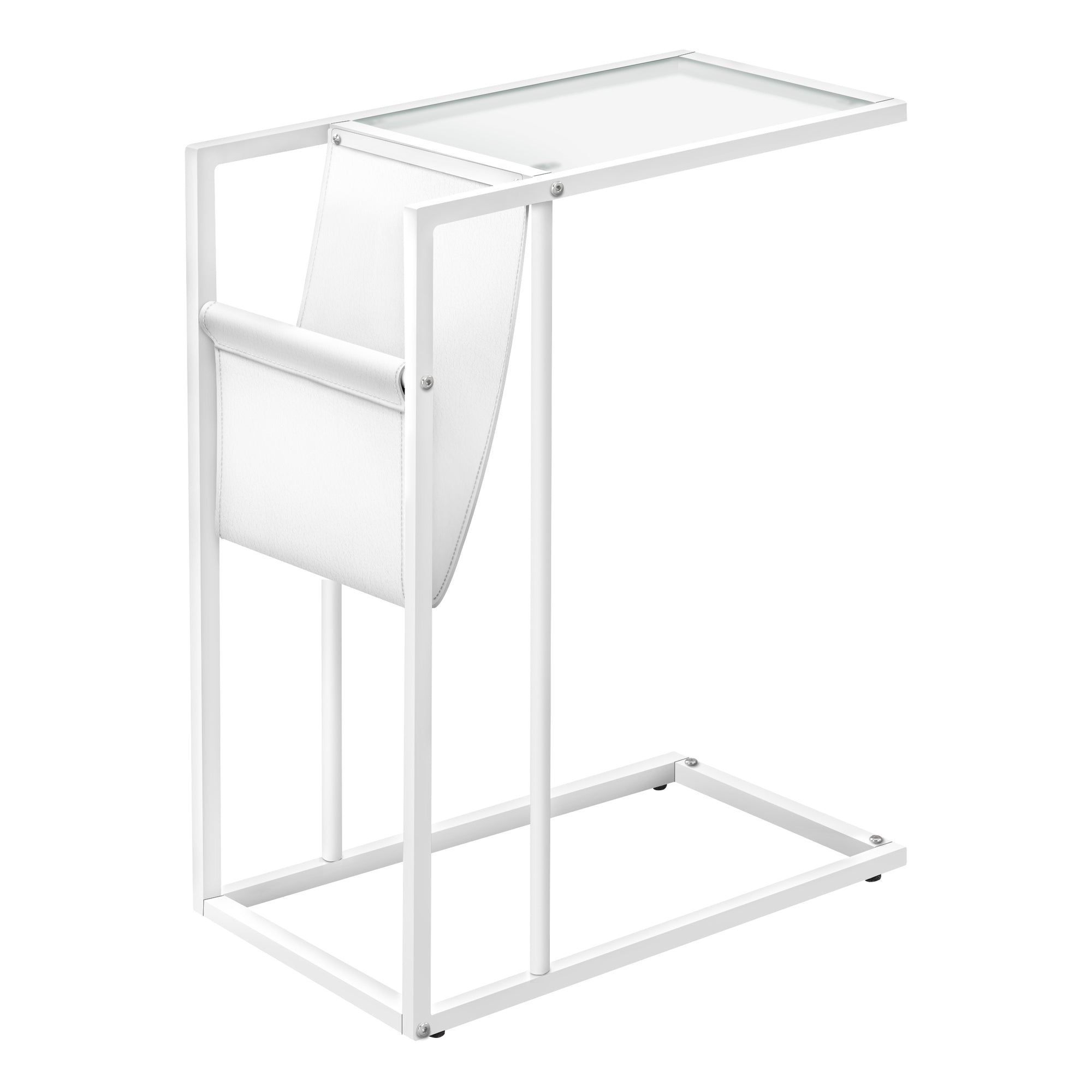 MN-133067    Accent Table, C-Shaped, End, Side, Snack, Living Room, Bedroom, Magazine Storage, Metal Legs, Leather Look, Tempered Glass, White, Chrome, Contemporary, Modern