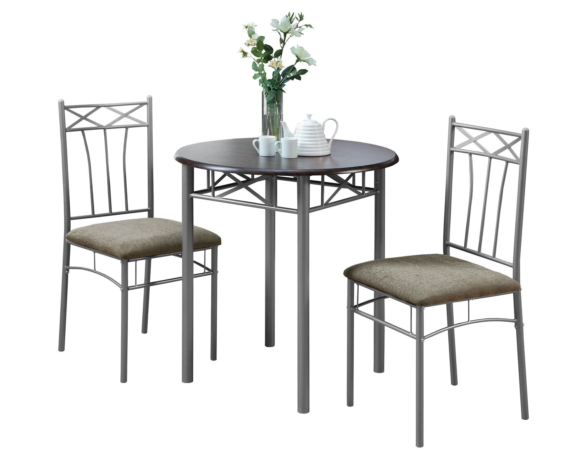 MN-153075    Dining Table Set, 3Pcs Set, Metal, Small, 30" Round, Kitchen, Metal, Laminate, Dark Brown, Grey, Contemporary, Modern