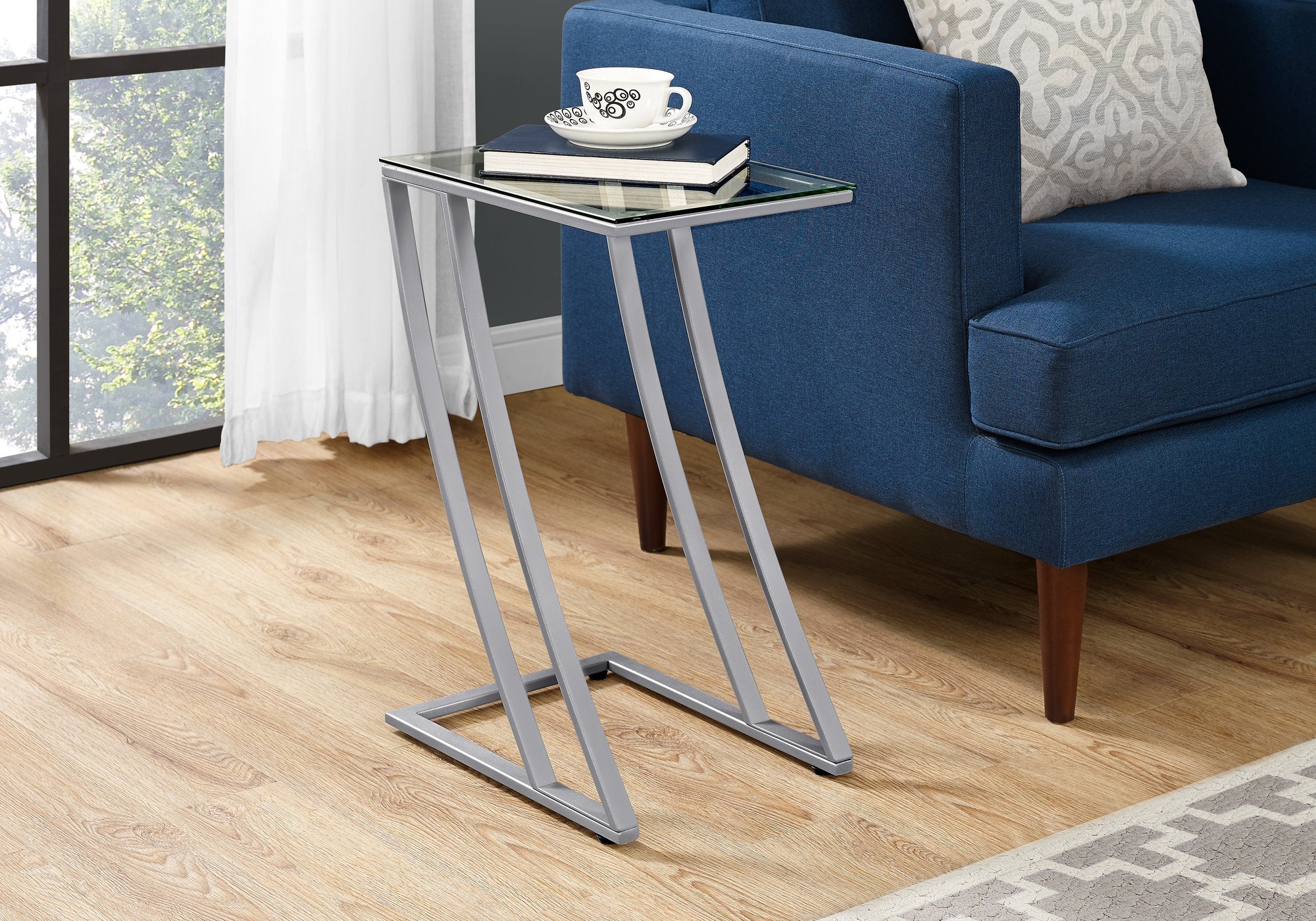 MN-203090    Accent Table, C-Shaped, End, Side, Snack, Living Room, Bedroom, Metal Base, Tempered Glass,  Grey, Contemporary, Modern