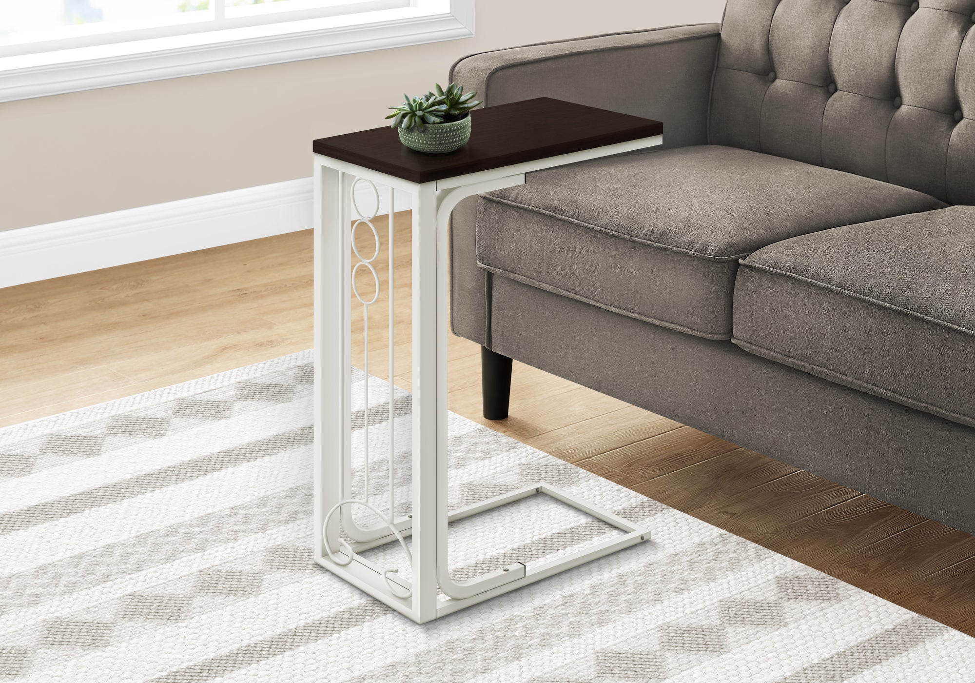 MN-413136    Accent Table, C-Shaped, End, Side, Snack, Living Room, Bedroom, Metal Legs, Laminate, Cherry, Silver, Contemporary, Modern
