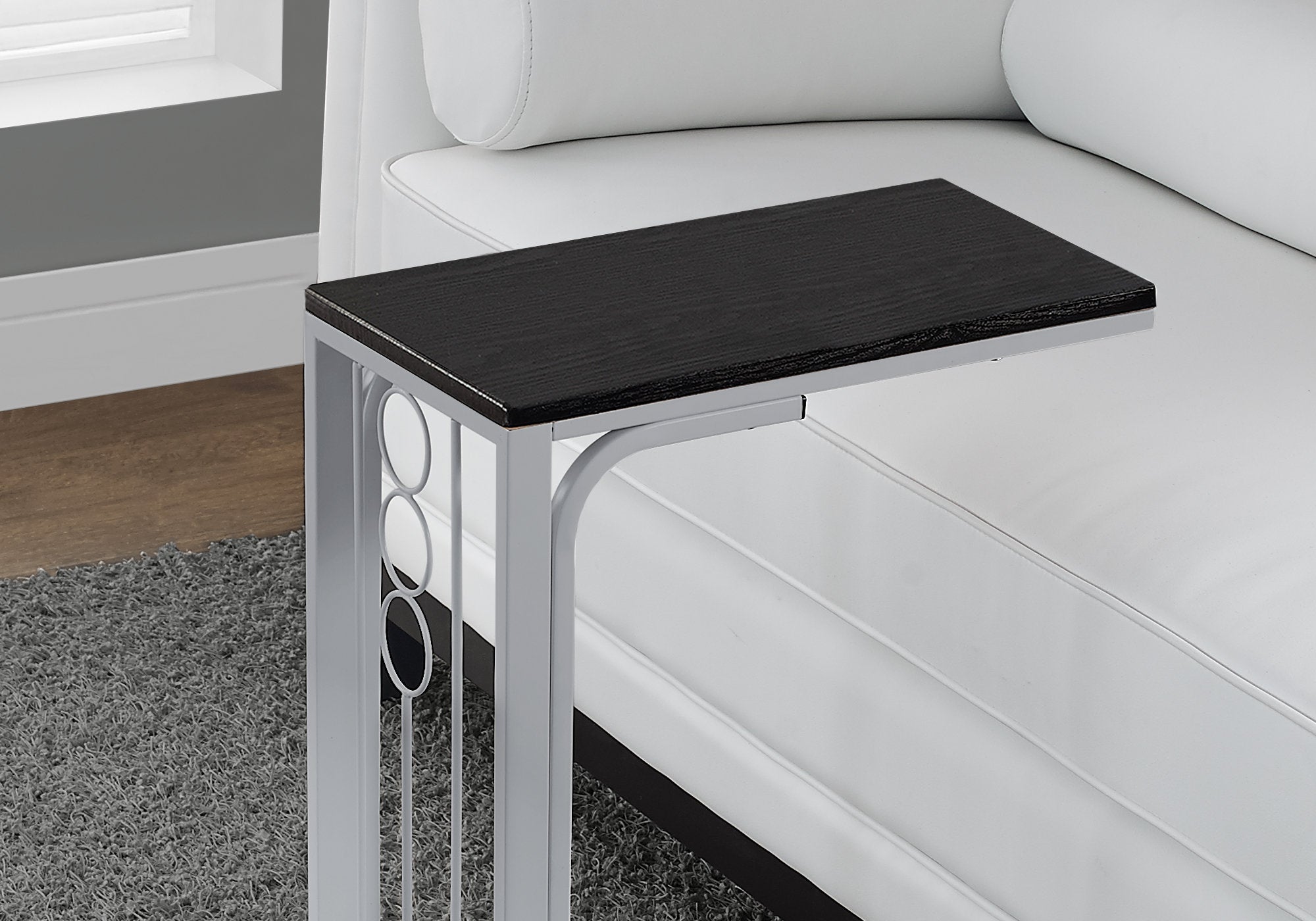 MN-423137    Accent Table, C-Shaped, End, Side, Snack, Living Room, Bedroom, Metal Legs, Laminate, Black, Silver, Contemporary, Modern