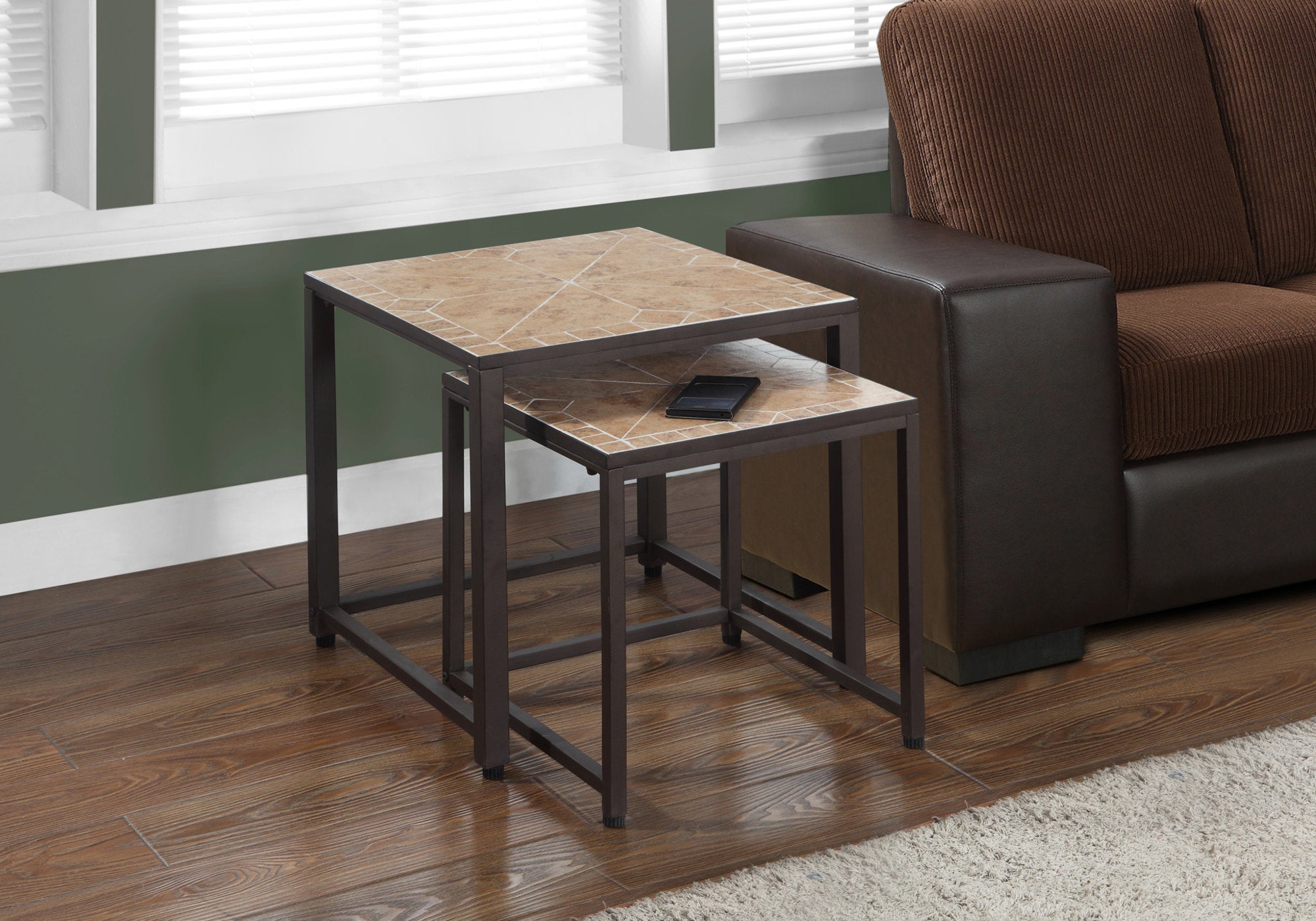 MN-523161    Nesting Table, Set Of 2, Side, End, Metal, Accent, Living Room, Bedroom, Metal Base, Tile, Terracotta, Bronze, Transitional