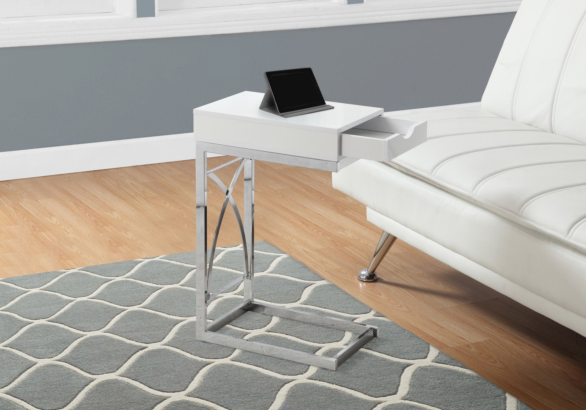 MN-553170    Accent Table, C-Shaped, End, Side, Snack, Living Room, Bedroom, Storage Drawer, Metal Legs, Laminate, Glossy White, Chrome, Contemporary, Modern