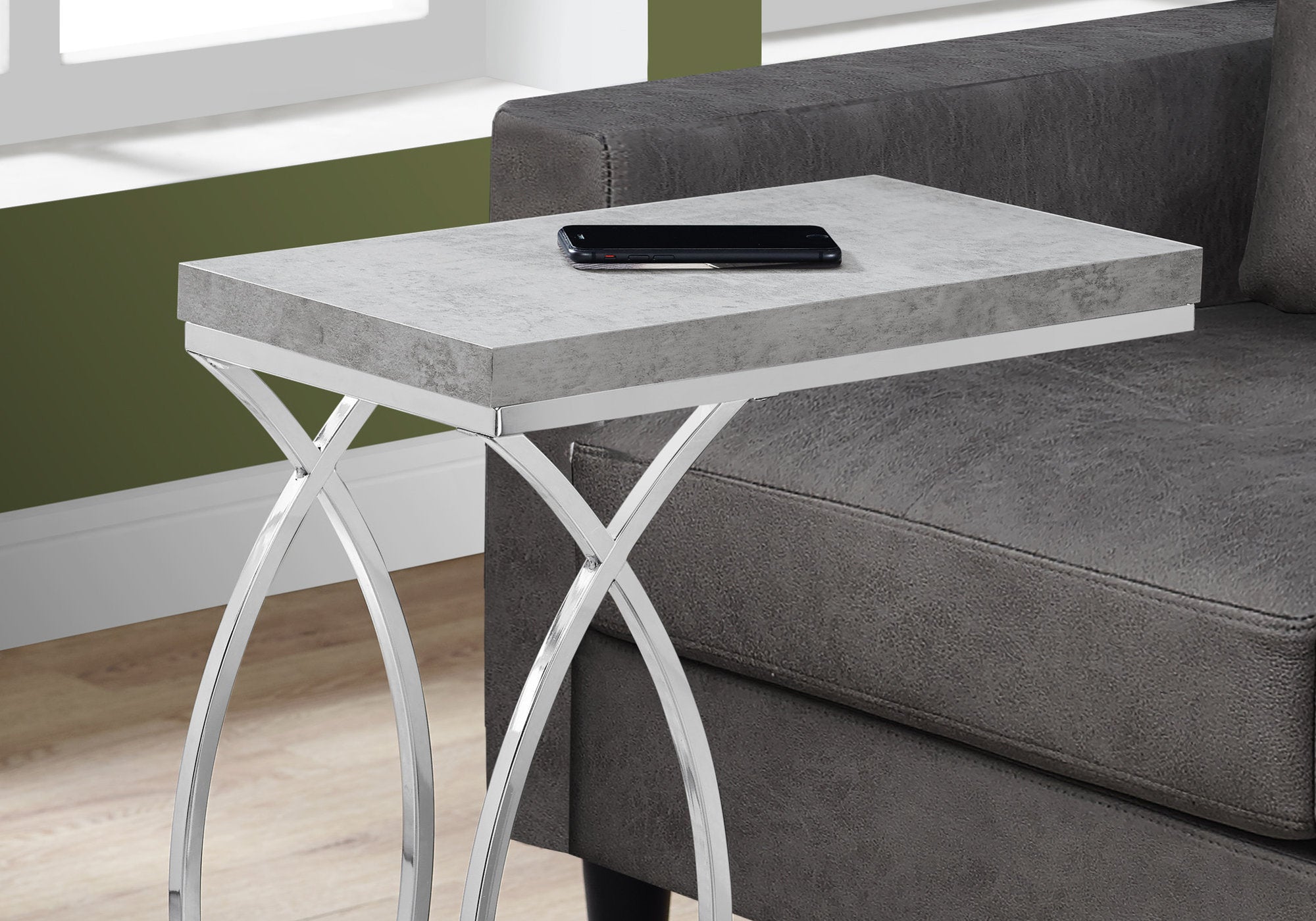 MN-613185    Accent Table, C-Shaped, End, Side, Snack, Living Room, Bedroom, Metal Legs, Laminate, Grey Cement Look, Chrome, Contemporary, Modern