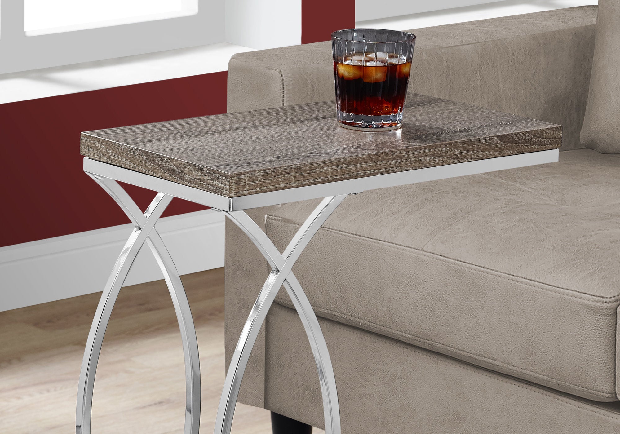MN-623186    Accent Table, C-Shaped, End, Side, Snack, Living Room, Bedroom, Metal Legs, Laminate, Dark Taupe, Chrome, Contemporary, Modern