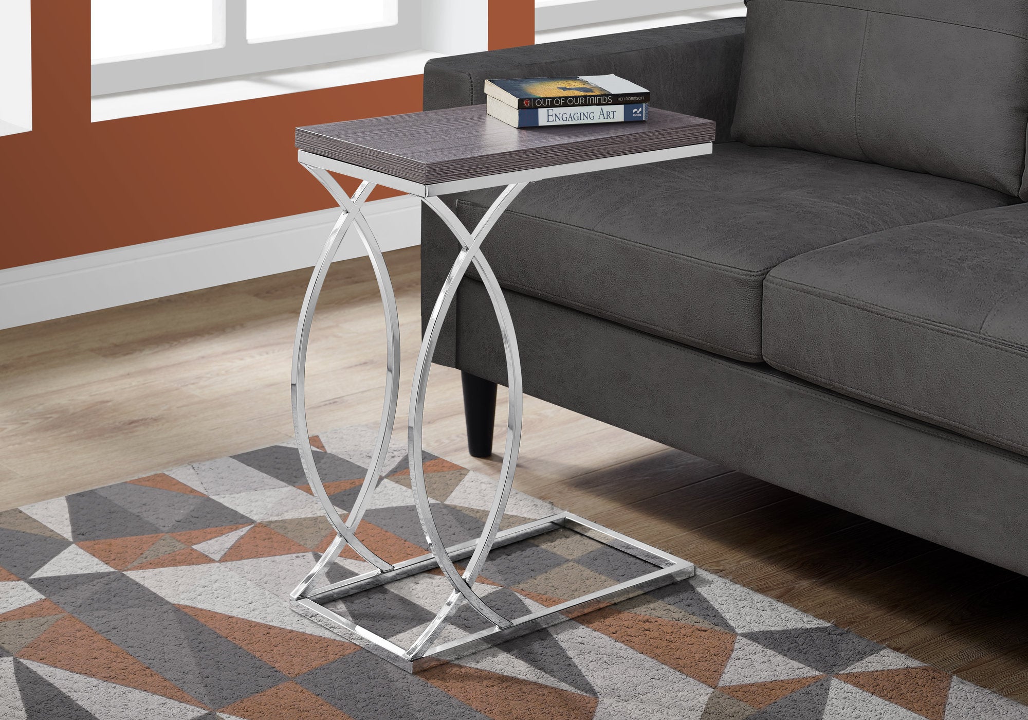 MN-633187    Accent Table, C-Shaped, End, Side, Snack, Living Room, Bedroom, Metal Legs, Laminate, Grey, Chrome, Contemporary, Modern