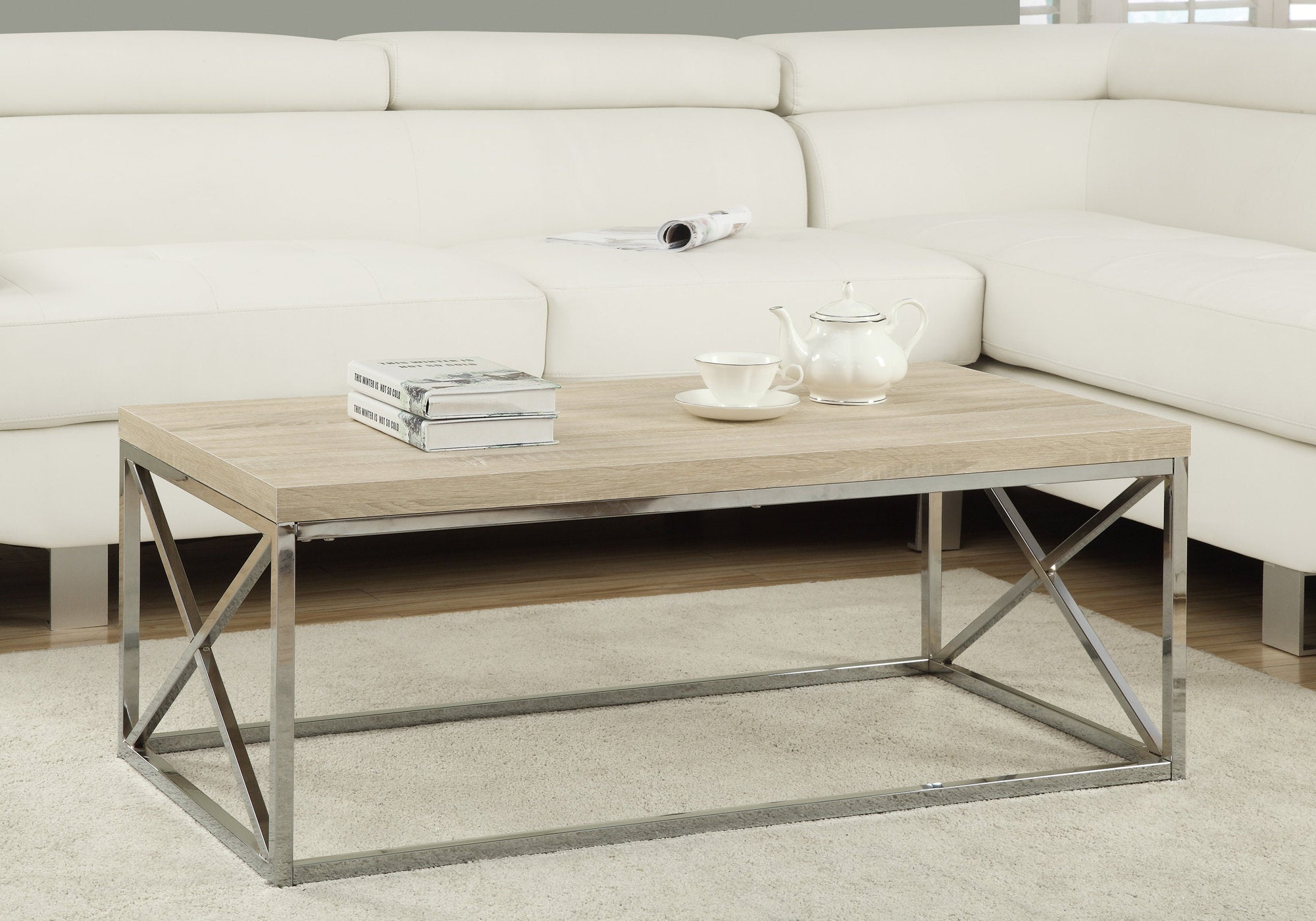 MN-713208    Coffee Table, Accent, Cocktail, Rectangular, Living Room, Metal Frame, Laminate, Natural, Chrome, Contemporary, Modern