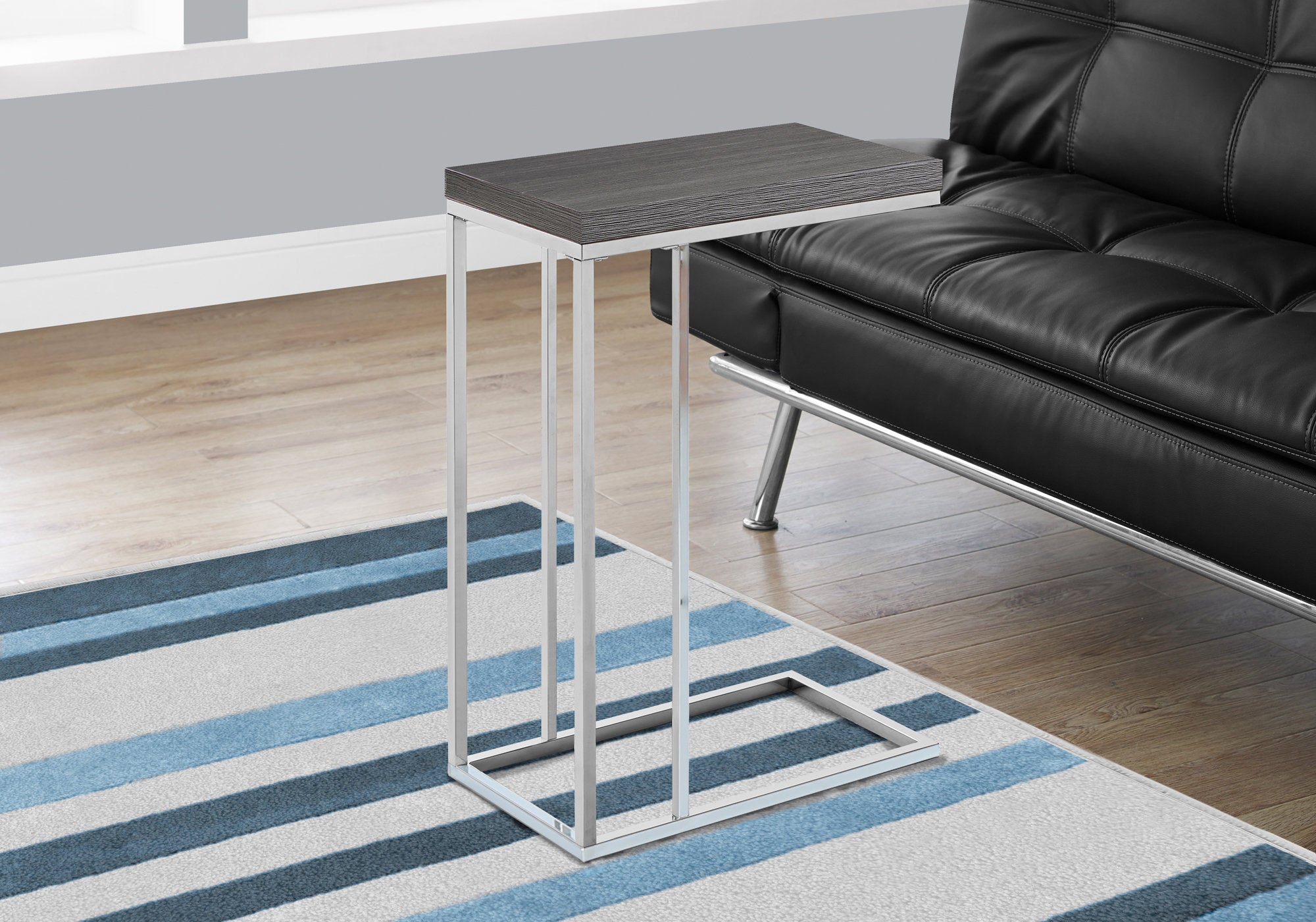 MN-763228    Accent Table, C-Shaped, End, Side, Snack, Living Room, Bedroom, Metal Legs, Laminate, Grey, Chrome, Contemporary, Modern