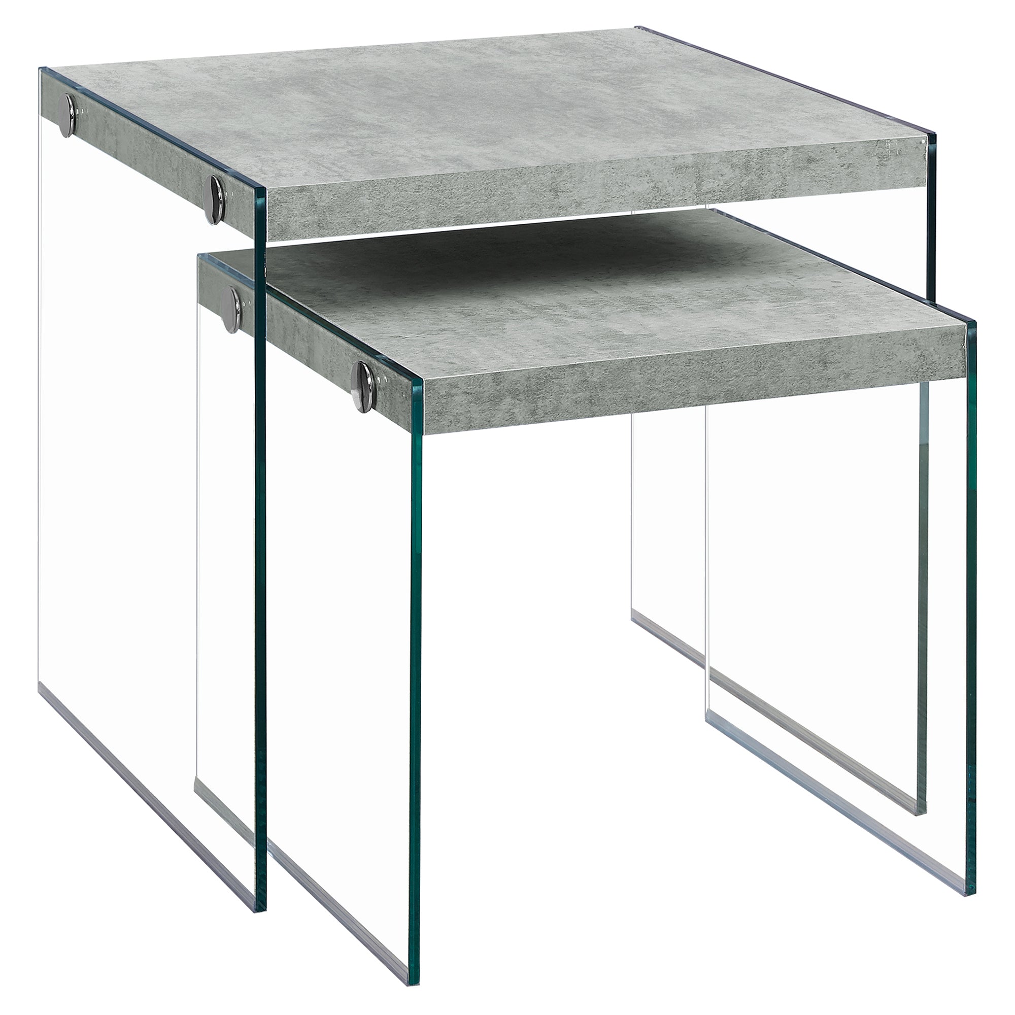 MN-783231    Nesting Table, Set Of 2, Side, End, Tempered Glass, Accent, Living Room, Bedroom, Tempered Glass, Laminate, Grey Cement Look, Clear, Contemporary, Modern