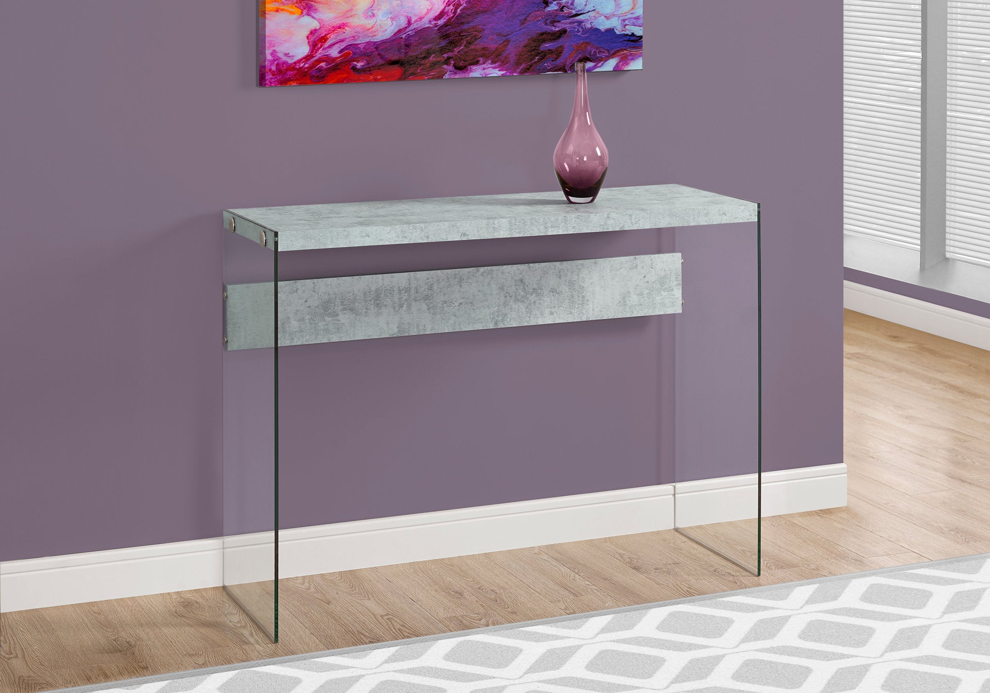 MN-793232    Accent Table, Console, Entryway, Narrow, Sofa, Living Room, Bedroom, Tempered Glass, Laminate, Grey Cement Look, Clear, Contemporary, Modern