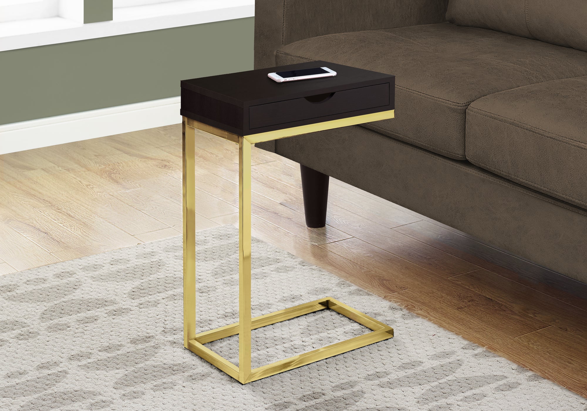 MN-813236    Accent Table, C-Shaped, End, Side, Snack, Living Room, Bedroom, Storage Drawer, Metal Legs, Laminate, Dark Brown, Gold, Contemporary, Modern