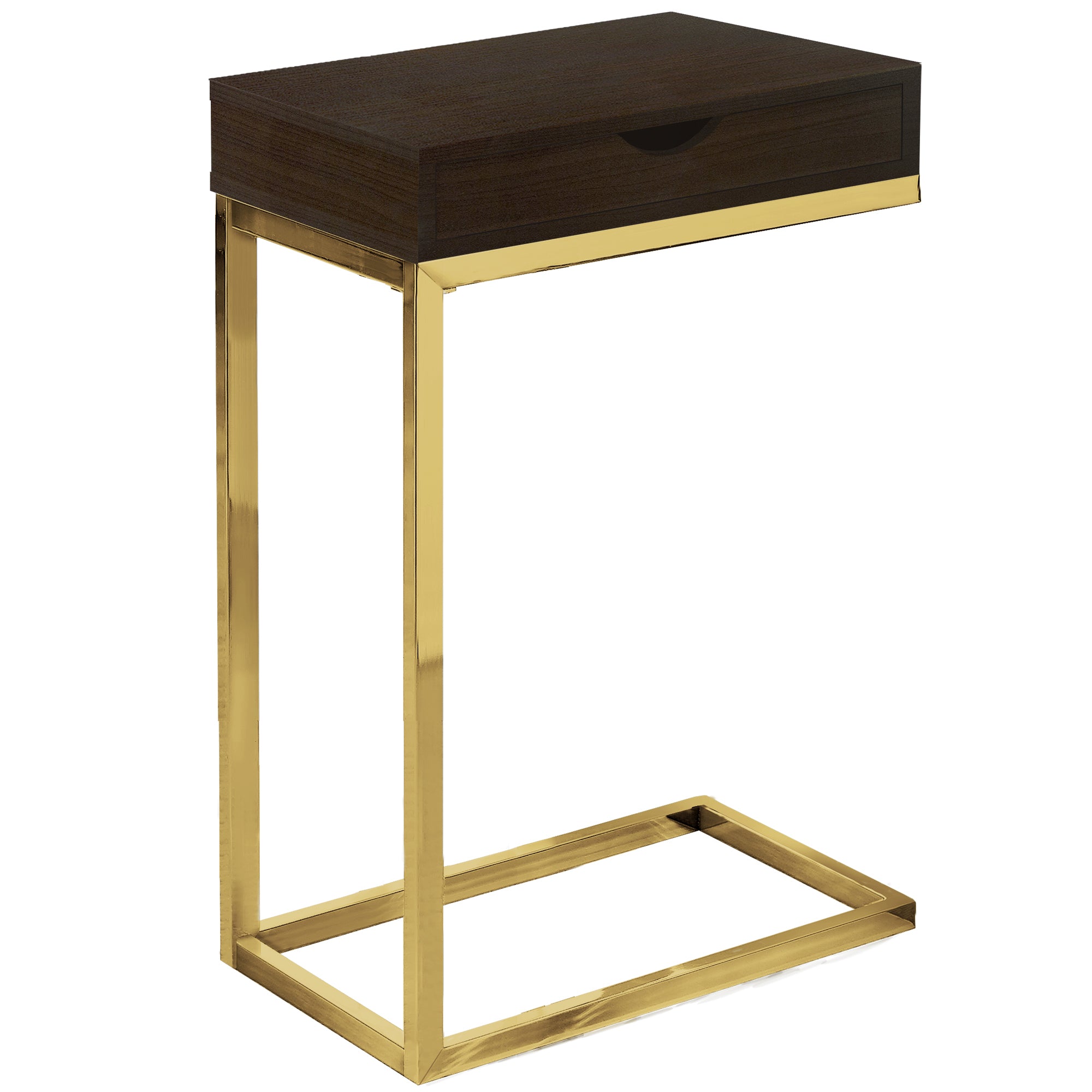 MN-813236    Accent Table, C-Shaped, End, Side, Snack, Living Room, Bedroom, Storage Drawer, Metal Legs, Laminate, Dark Brown, Gold, Contemporary, Modern