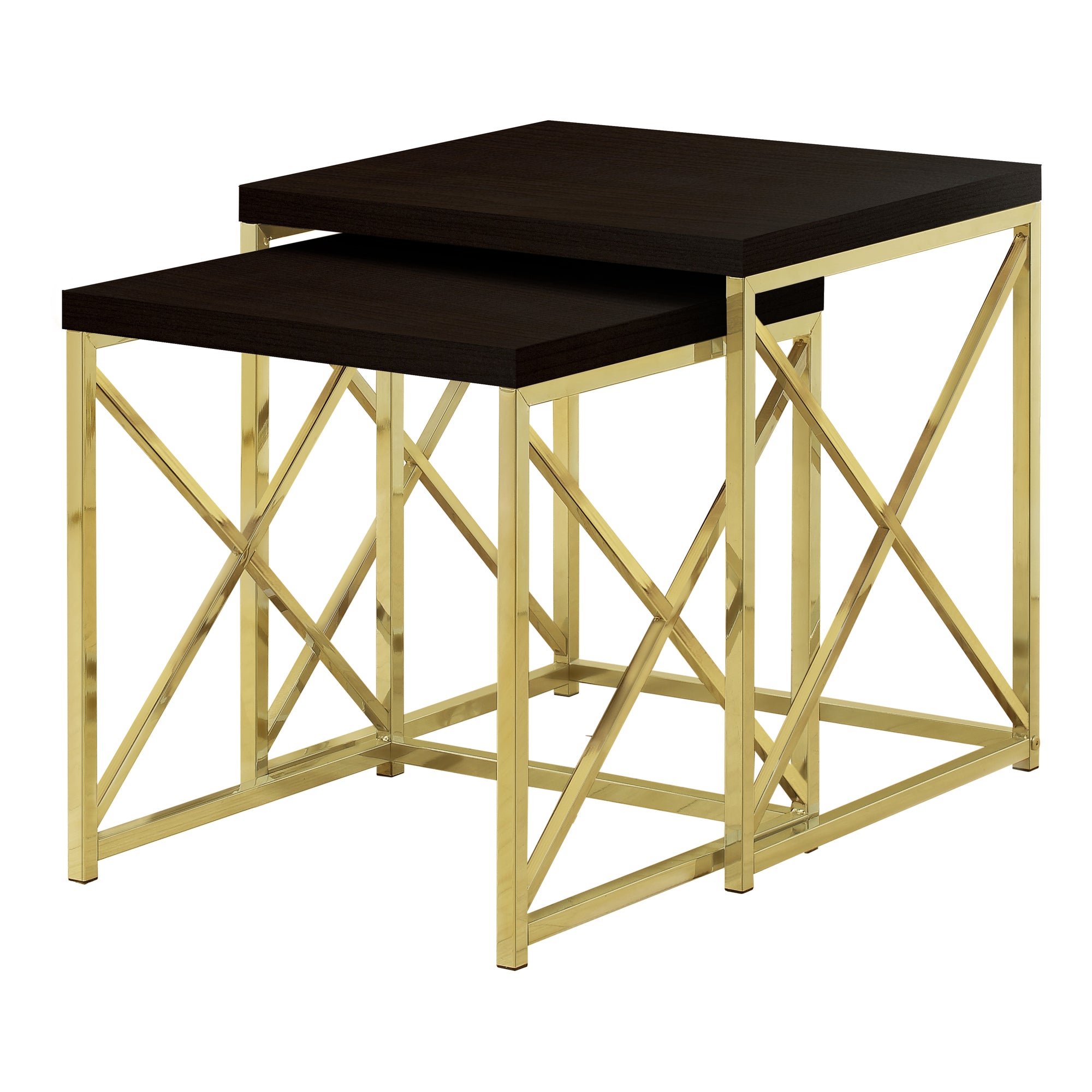 MN-823237    Nesting Table, Set Of 2, Side, End, Metal, Accent, Living Room, Bedroom, Metal Base, Laminate, Dark Brown, Gold, Contemporary, Modern