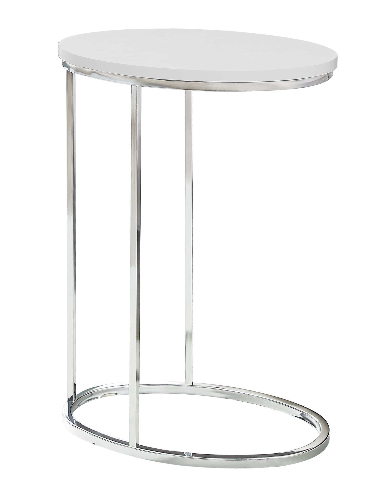 MN-833246    Accent Table, C-Shaped, End, Side, Snack, Living Room, Bedroom, Metal Legs, Laminate, Glossy White, Chrome, Contemporary, Modern