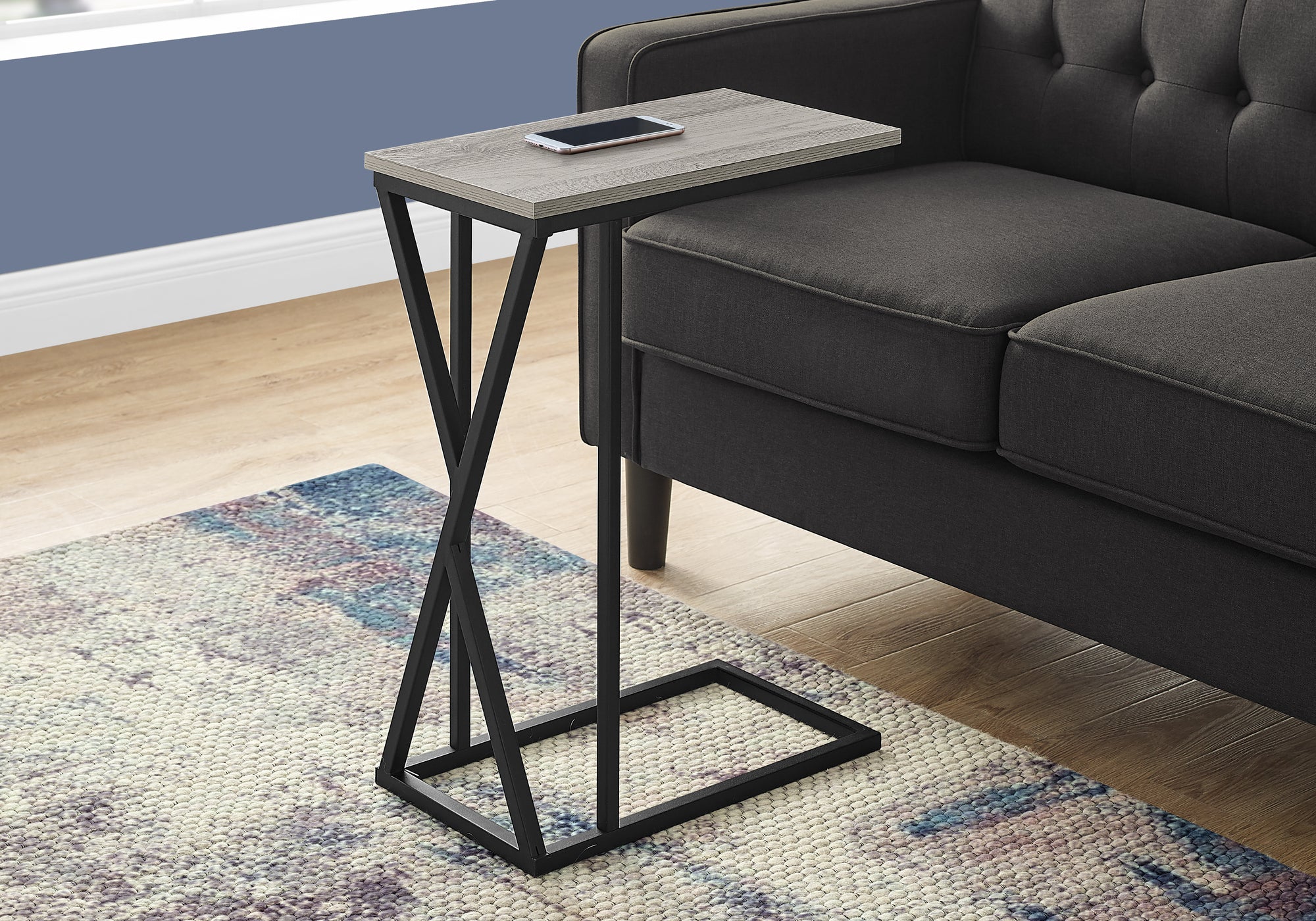 MN-853248    Accent Table, C-Shaped, End, Side, Snack, Living Room, Bedroom, Metal Legs, Laminate, Grey, Black, Contemporary, Modern