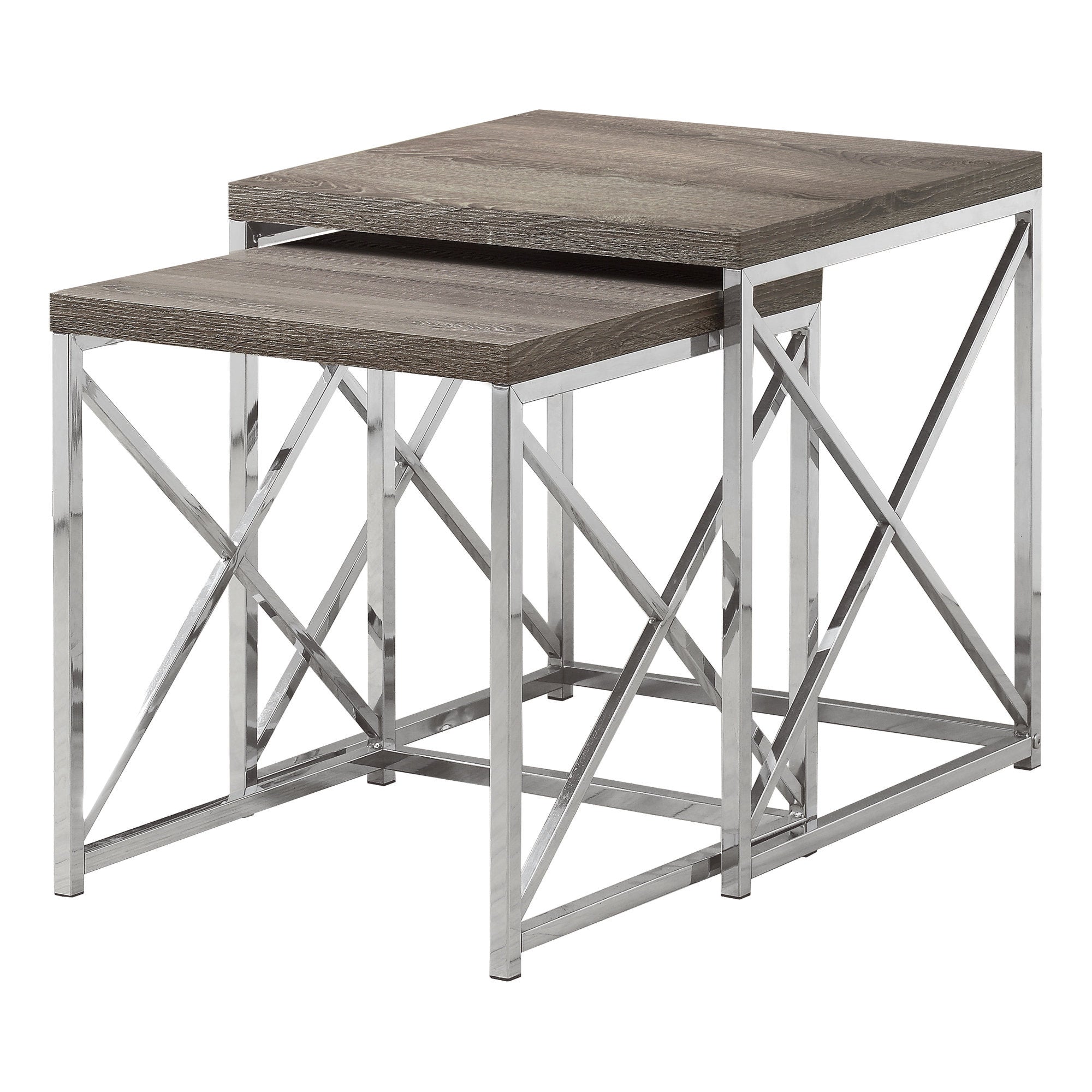 MN-913255    Nesting Table, Set Of 2, Side, End, Metal, Accent, Living Room, Bedroom, Metal Base, Laminate, Dark Taupe, Chrome, Contemporary, Modern