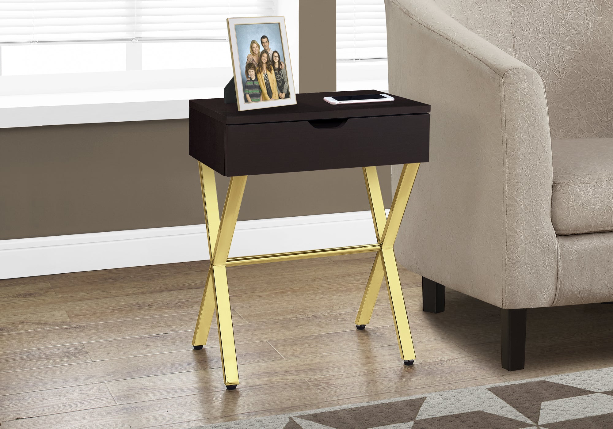 MN-943261    Accent Table, Side, End, Nightstand, Lamp, Living Room, Bedroom, Metal Legs, Laminate, Dark Brown, Gold, Contemporary, Modern