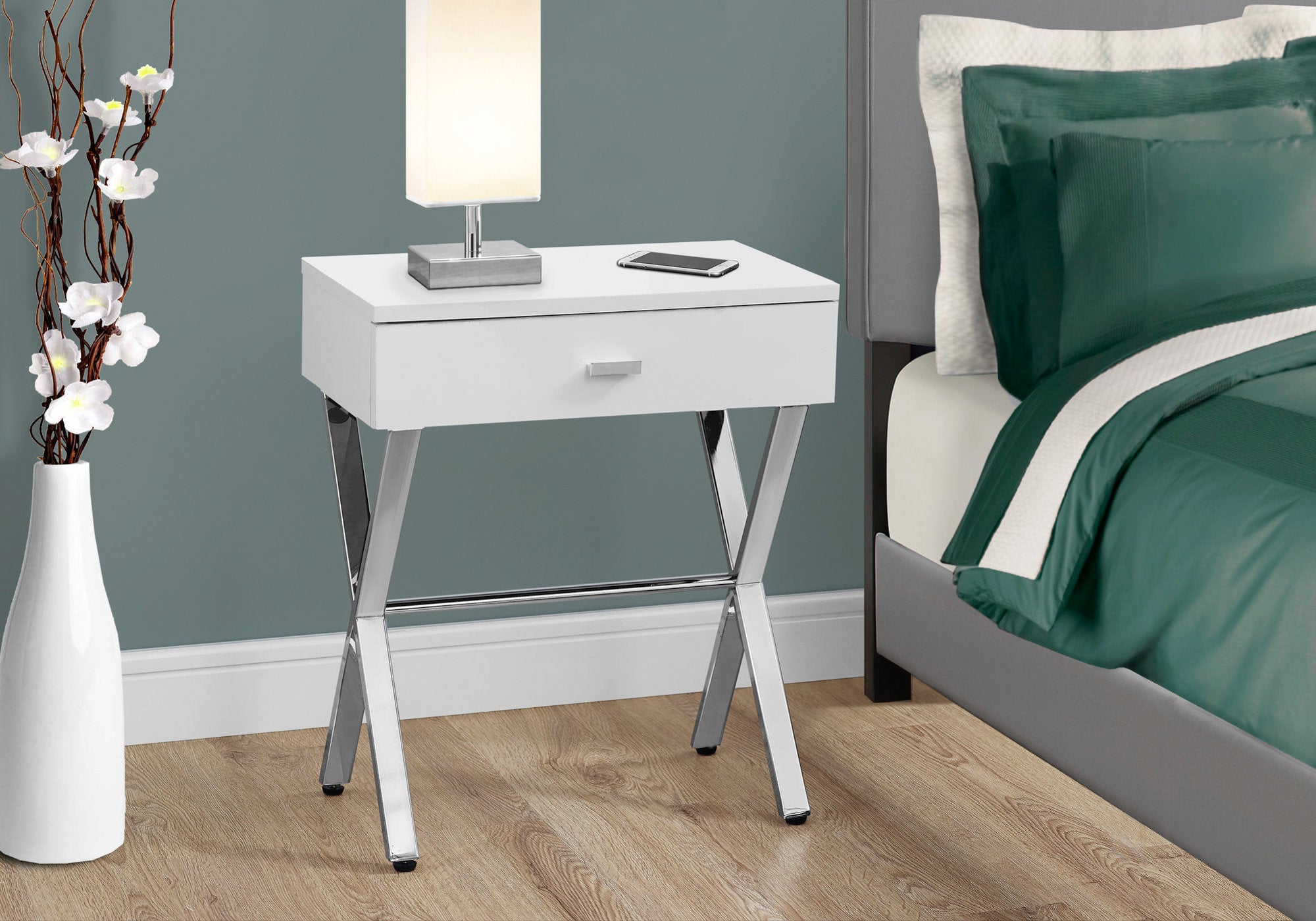 MN-953262    Accent Table, Side, End, Nightstand, Lamp, Living Room, Bedroom, Metal Legs, Laminate, Glossy White, Chrome, Contemporary, Modern