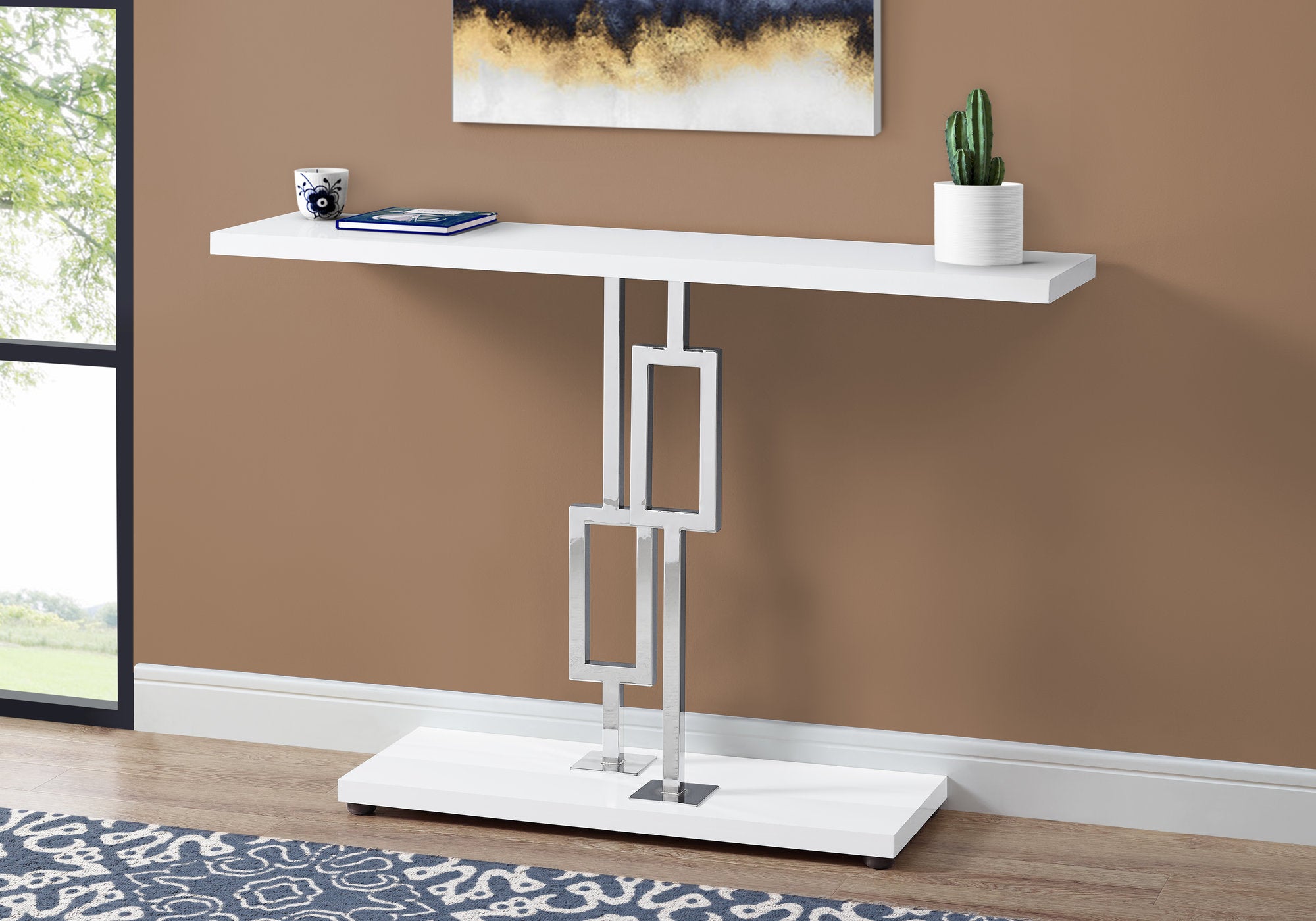 MN-983266    Accent Table, Console, Entryway, Narrow, Sofa, Living Room, Bedroom, Metal Base, Laminate, Glossy White, Chrome, Contemporary, Modern