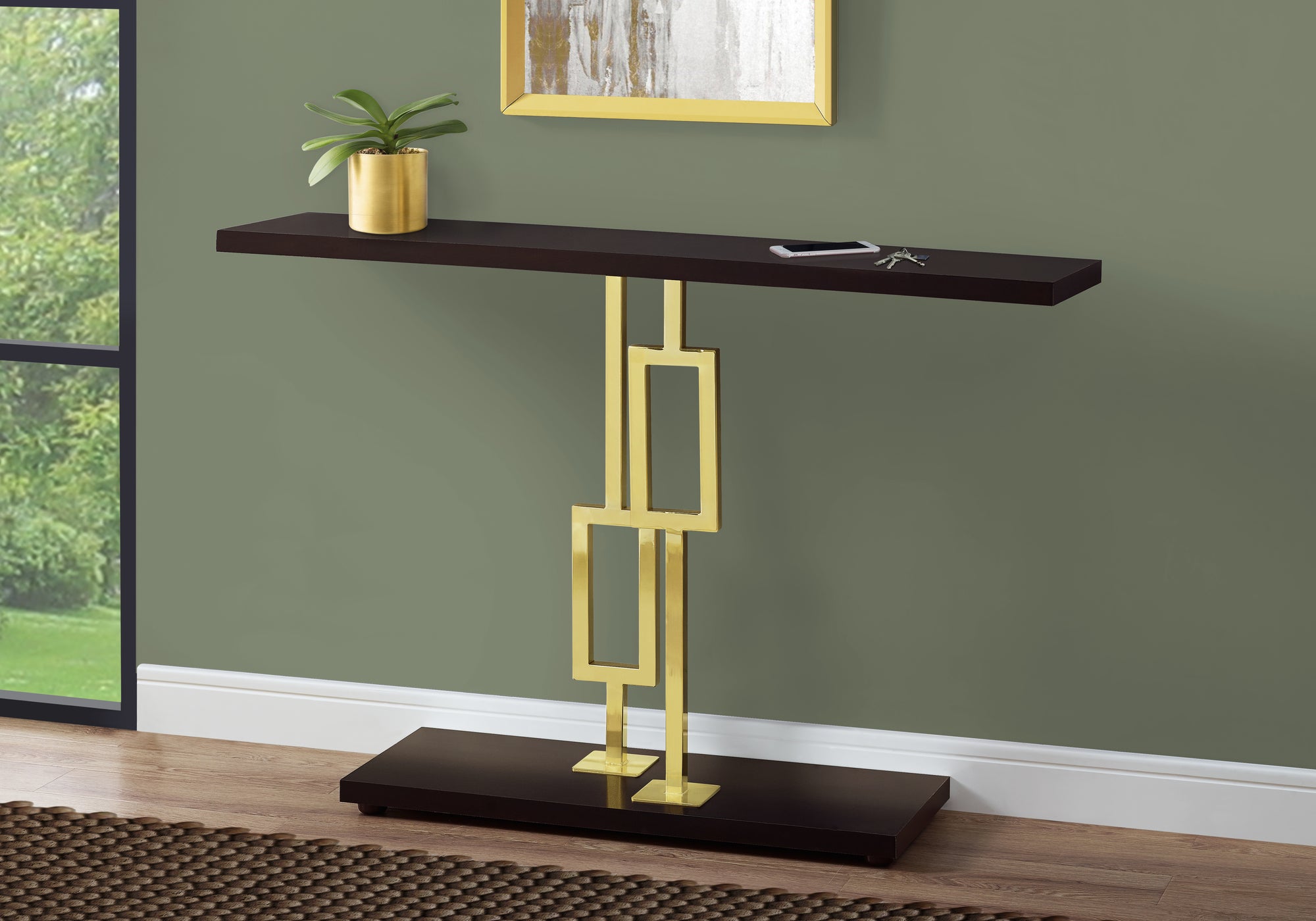 MN-103269    Accent Table, Console, Entryway, Narrow, Sofa, Living Room, Bedroom, Metal Base, Laminate, Dark Brown, Gold, Contemporary, Modern
