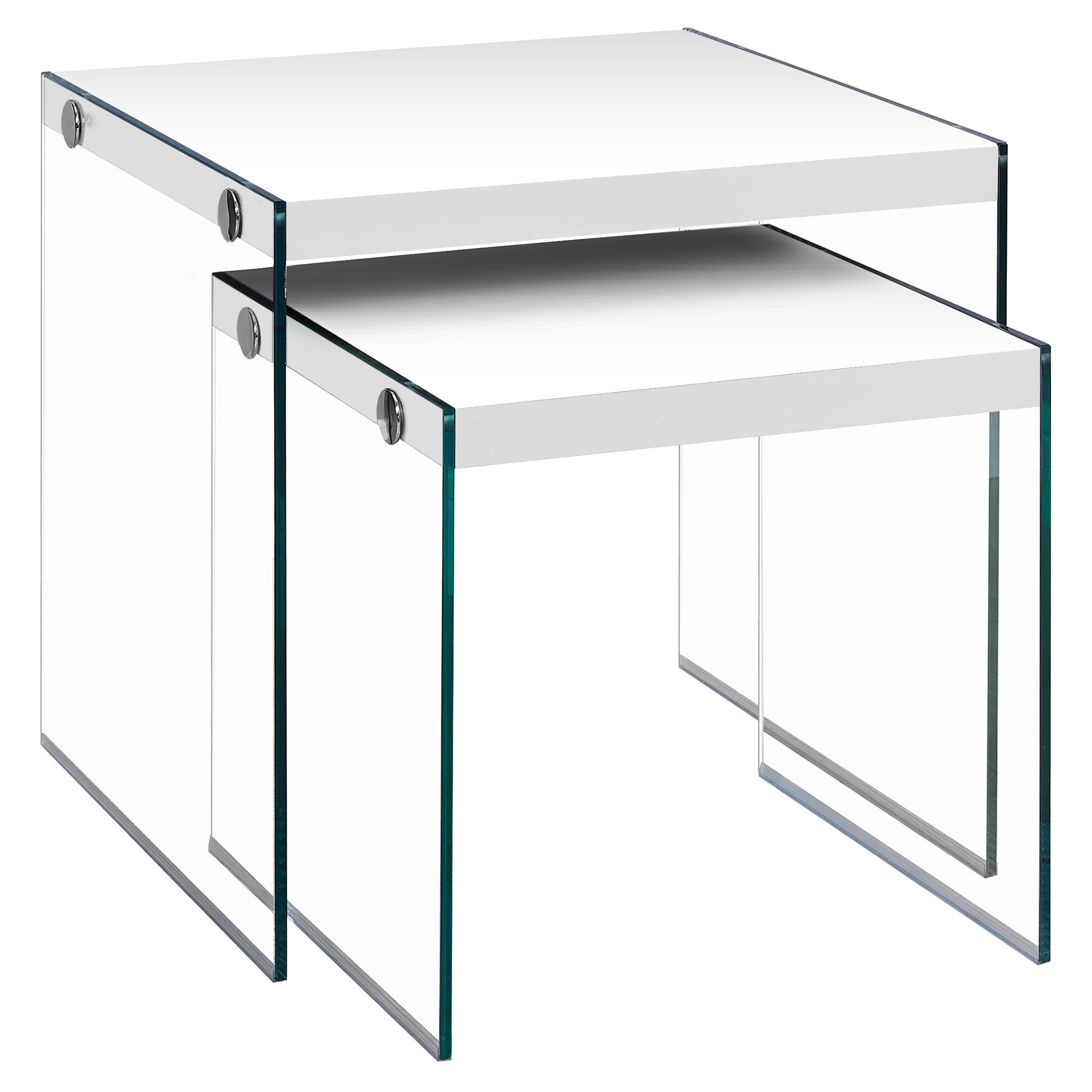 MN-143287    Nesting Table, Set Of 2, Side, End, Tempered Glass, Accent, Living Room, Bedroom, Tempered Glass, Laminate, Glossy White, Clear, Contemporary, Modern