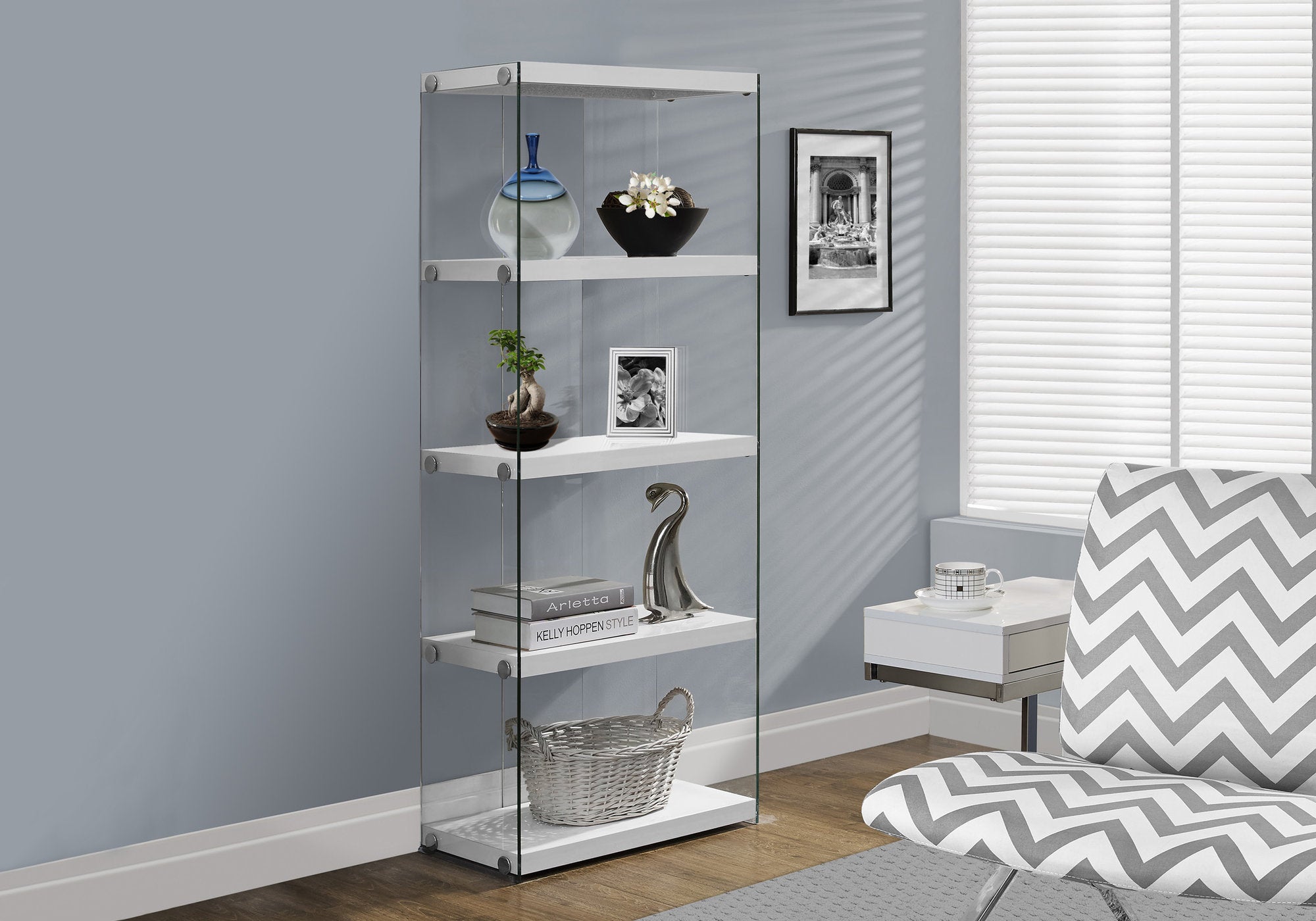 MN-163289    Bookshelf, Bookcase, Etagere, 5 Tier, Office, Bedroom, 60"H, Tempered Glass, Laminate, Glossy White, Clear, Contemporary, Modern