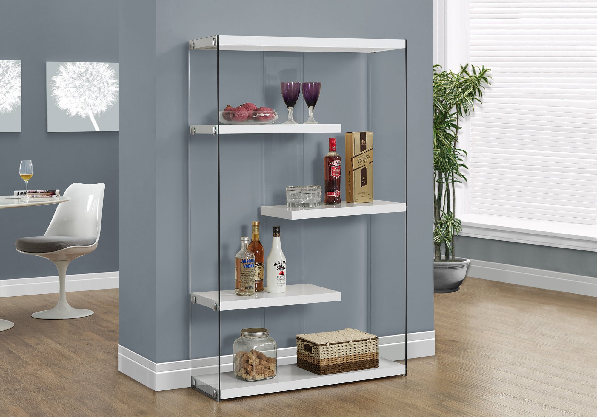 MN-173290    Bookshelf, Bookcase, Etagere, 5 Tier, Office, Bedroom, 60"H, Tempered Glass, Laminate, Glossy White, Clear, Contemporary, Modern