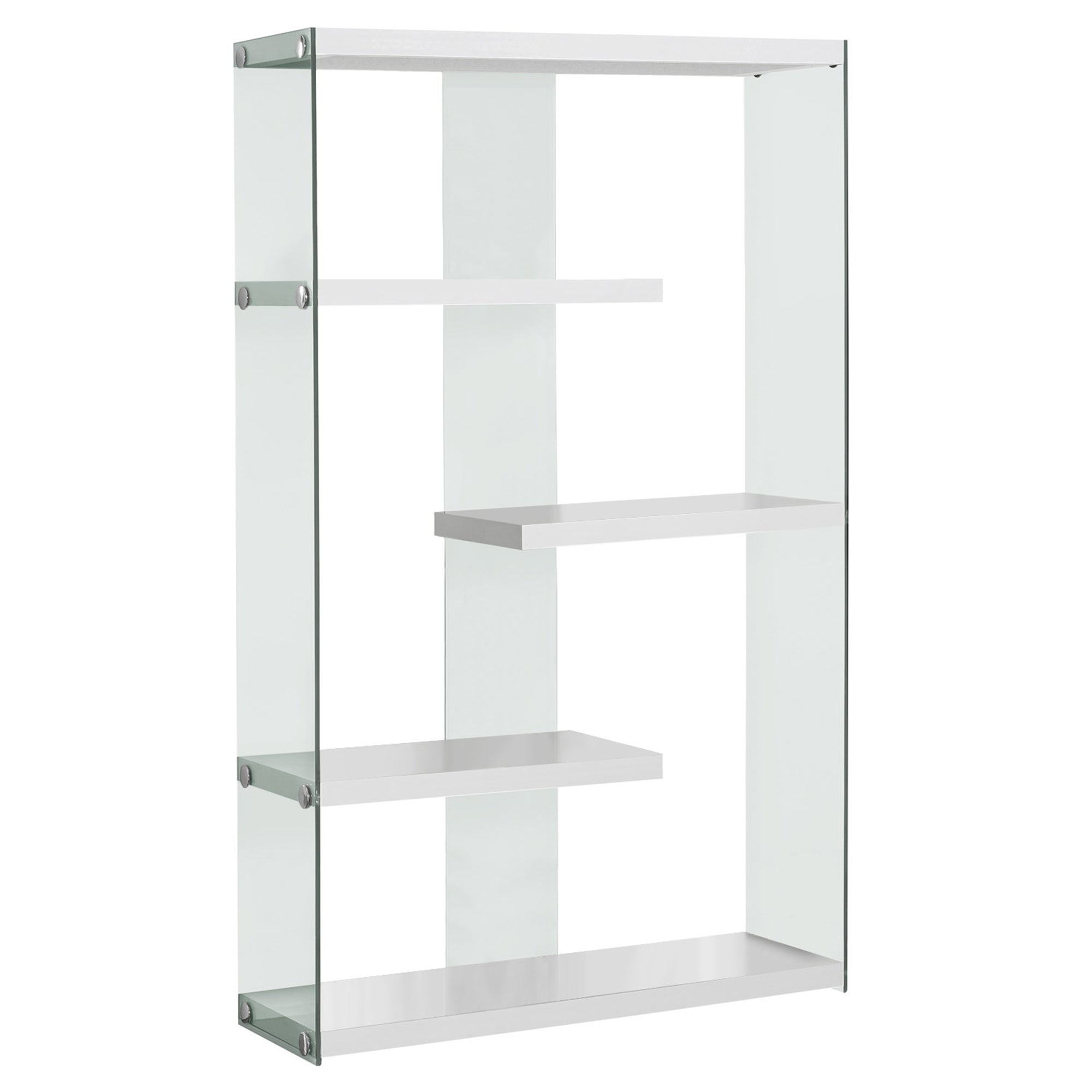 MN-173290    Bookshelf, Bookcase, Etagere, 5 Tier, Office, Bedroom, 60"H, Tempered Glass, Laminate, Glossy White, Clear, Contemporary, Modern