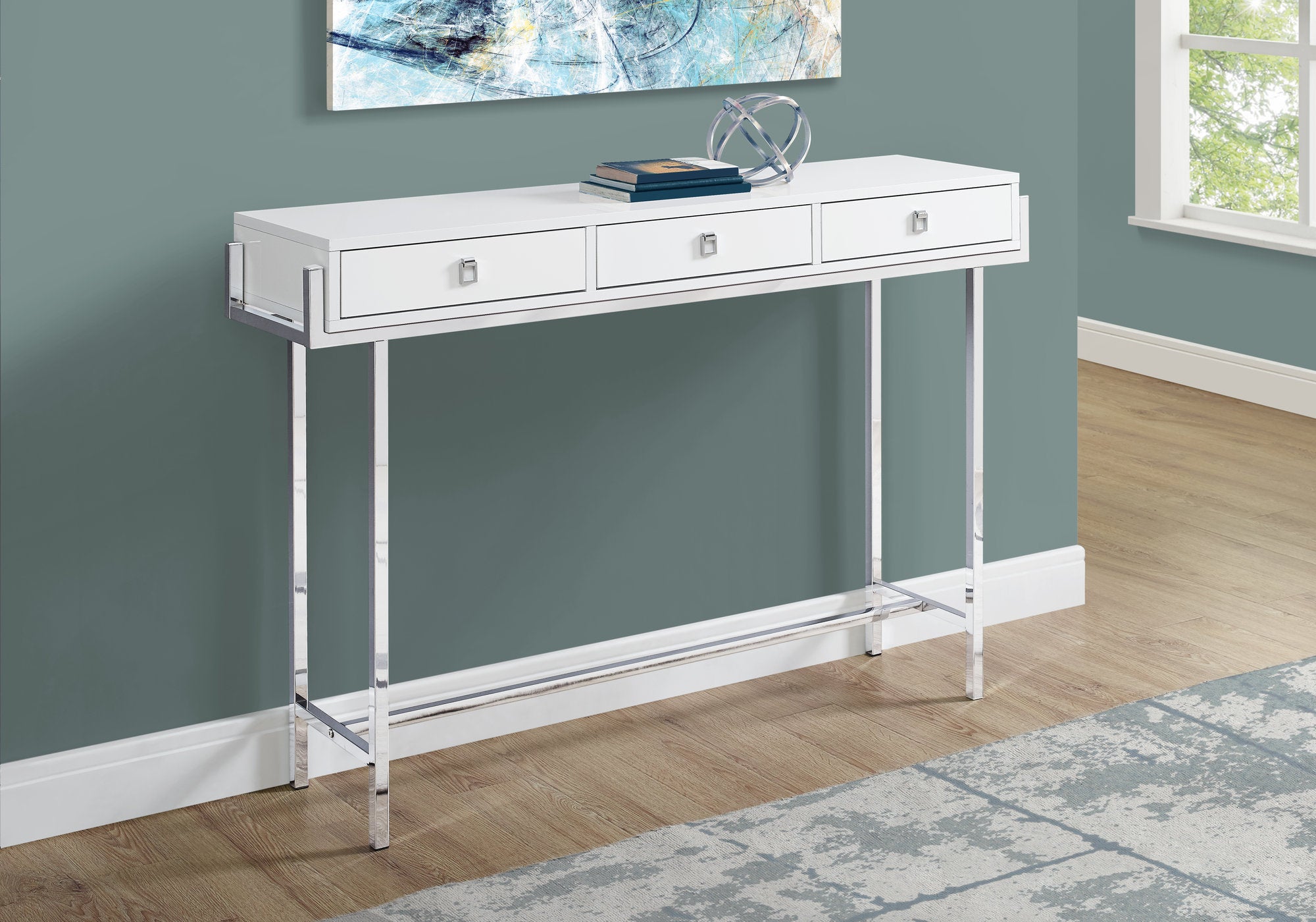 MN-183297    Accent Table, Console, Entryway, Narrow, Sofa, Living Room, Bedroom, Metal Legs, Laminate, Glossy White, Chrome, Contemporary, Modern