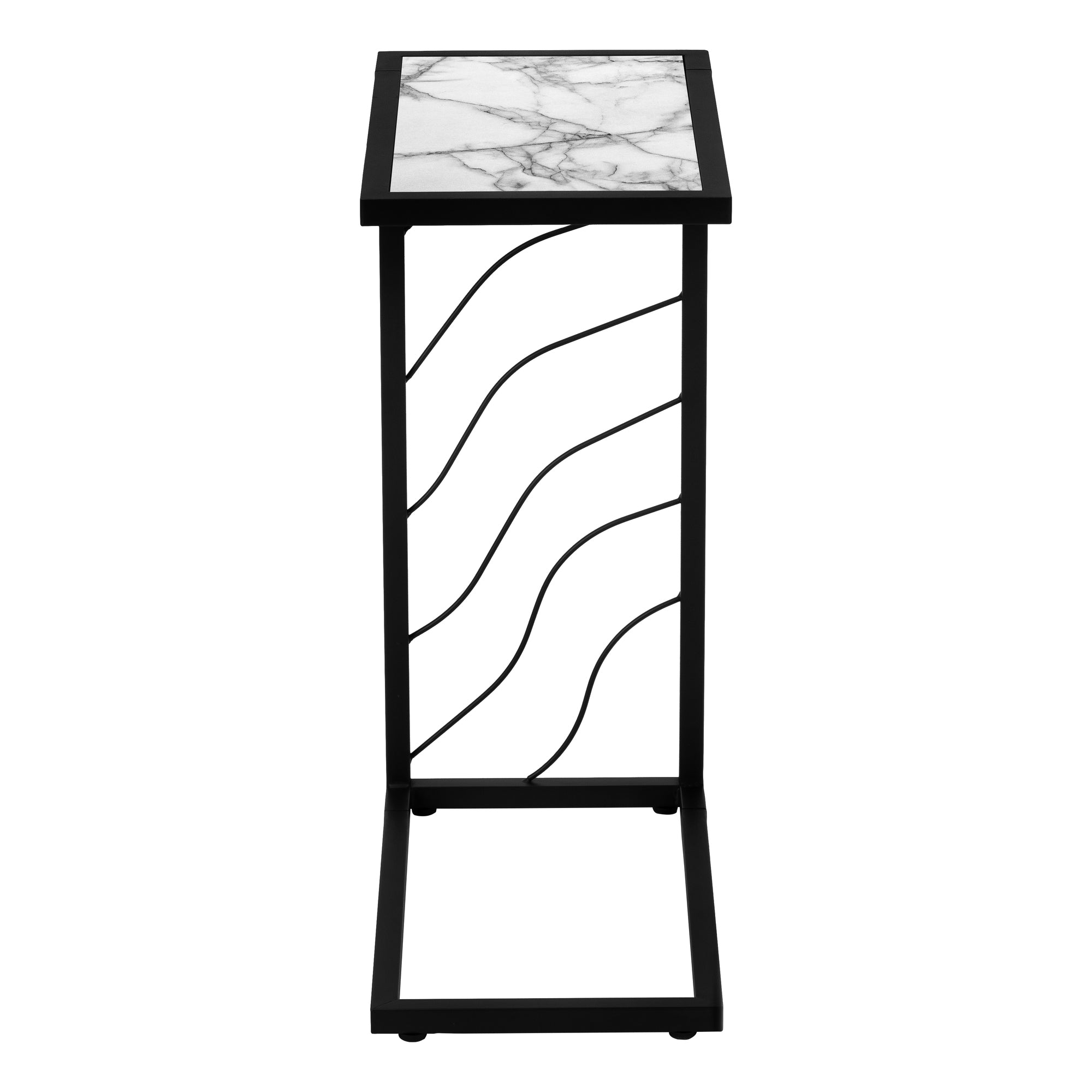 MN-203300    Accent Table, C-Shaped, End, Side, Snack, Living Room, Bedroom, Metal Frame, Laminate, White Marble Look, Black, Contemporary, Modern