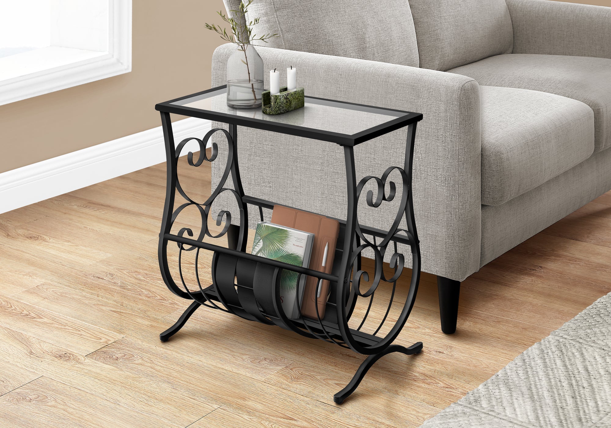 MN-263314    Accent Table, Side, End, Nightstand, Narrow, Living Room, Bedroom, Metal Base, Tempered Glass, Black, Clear, Traditional