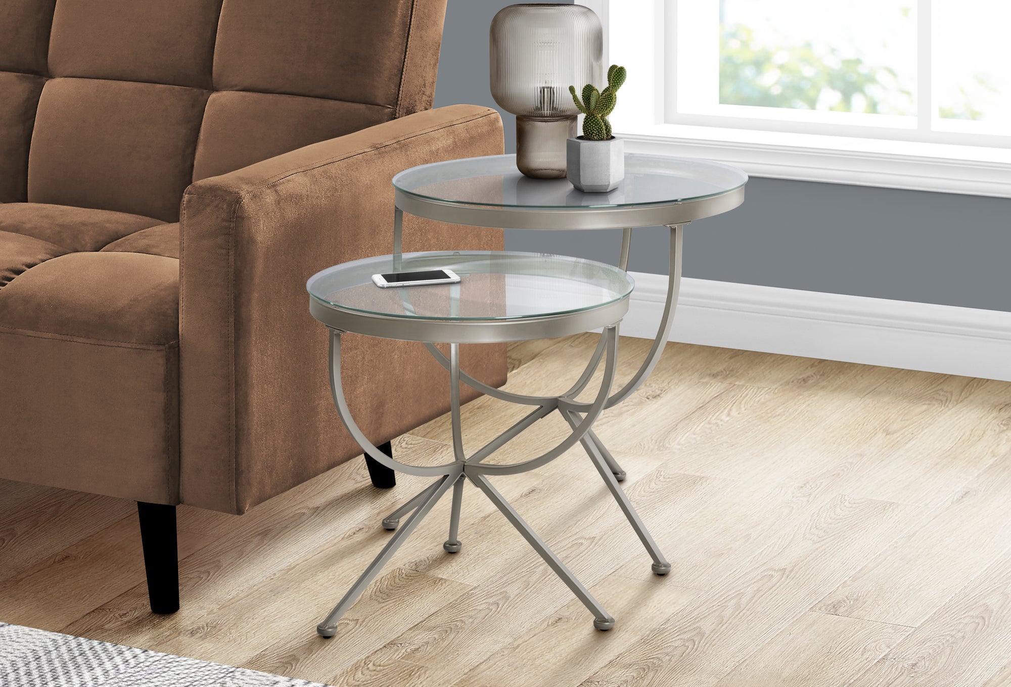MN-273322    Nesting Table, Set Of 2, Side, End, Tempered Glass, Accent, Living Room, Bedroom, Metal Base, Tempered Glass, Clear, Silver, Contemporary, Modern