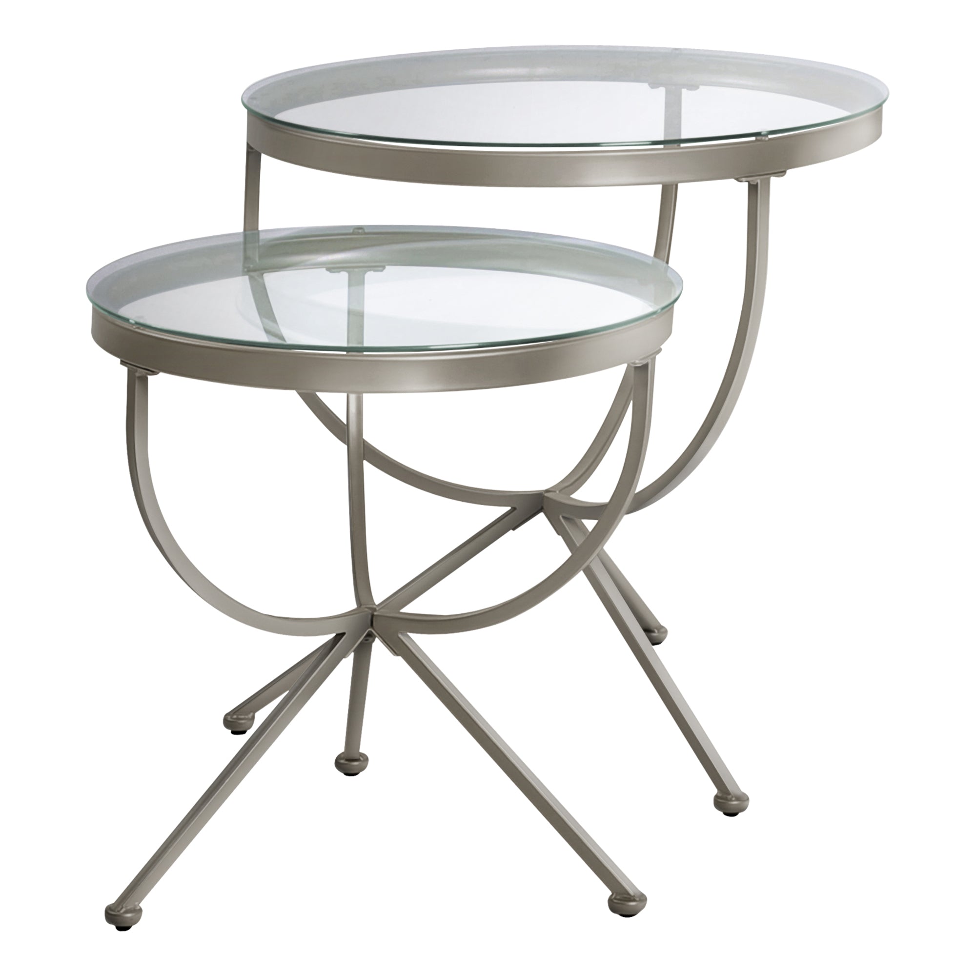 MN-273322    Nesting Table, Set Of 2, Side, End, Tempered Glass, Accent, Living Room, Bedroom, Metal Base, Tempered Glass, Clear, Silver, Contemporary, Modern