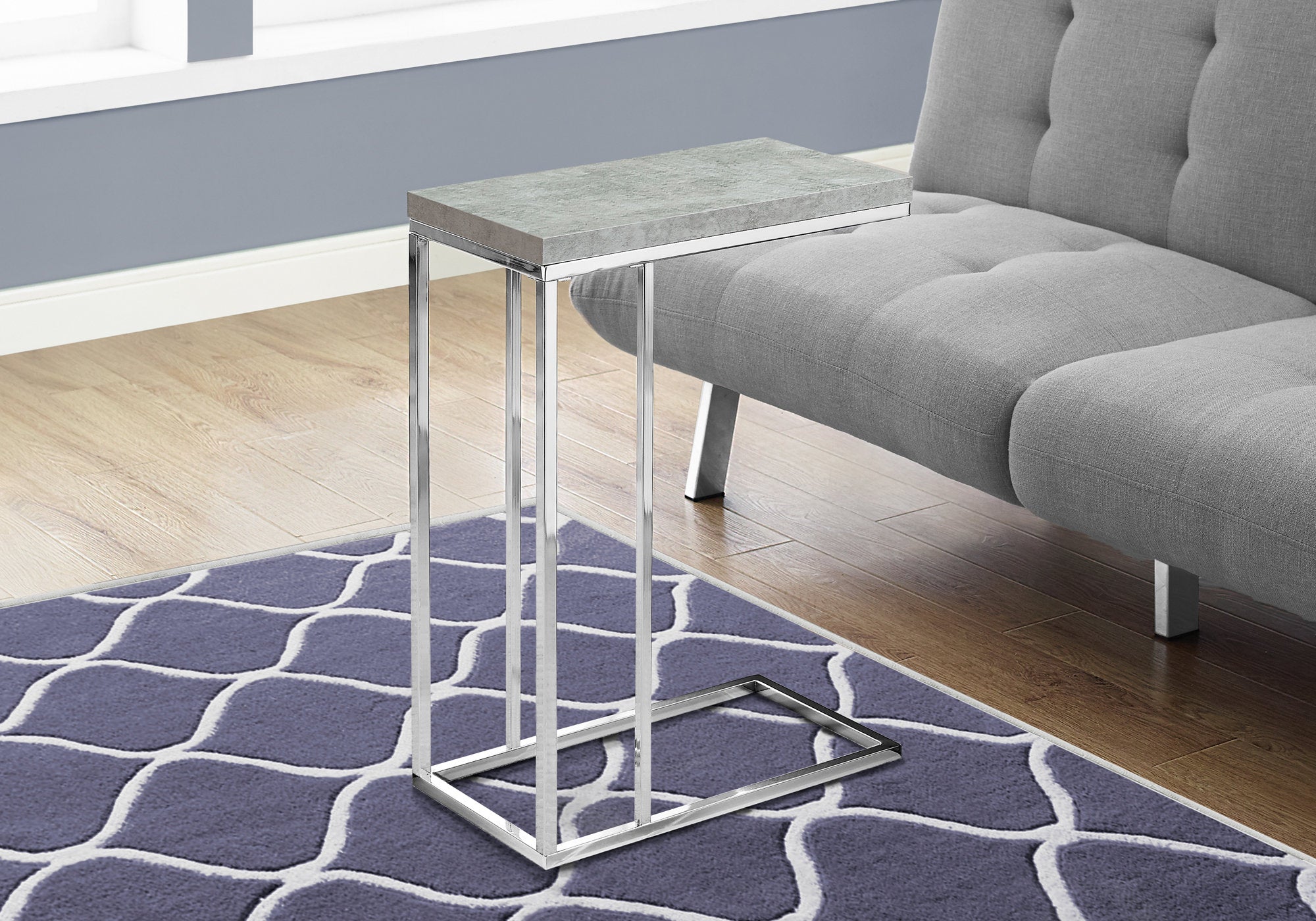 MN-363372    Accent Table, C-Shaped, End, Side, Snack, Living Room, Bedroom, Metal Legs, Laminate, Grey Cement Look, Chrome, Contemporary, Modern
