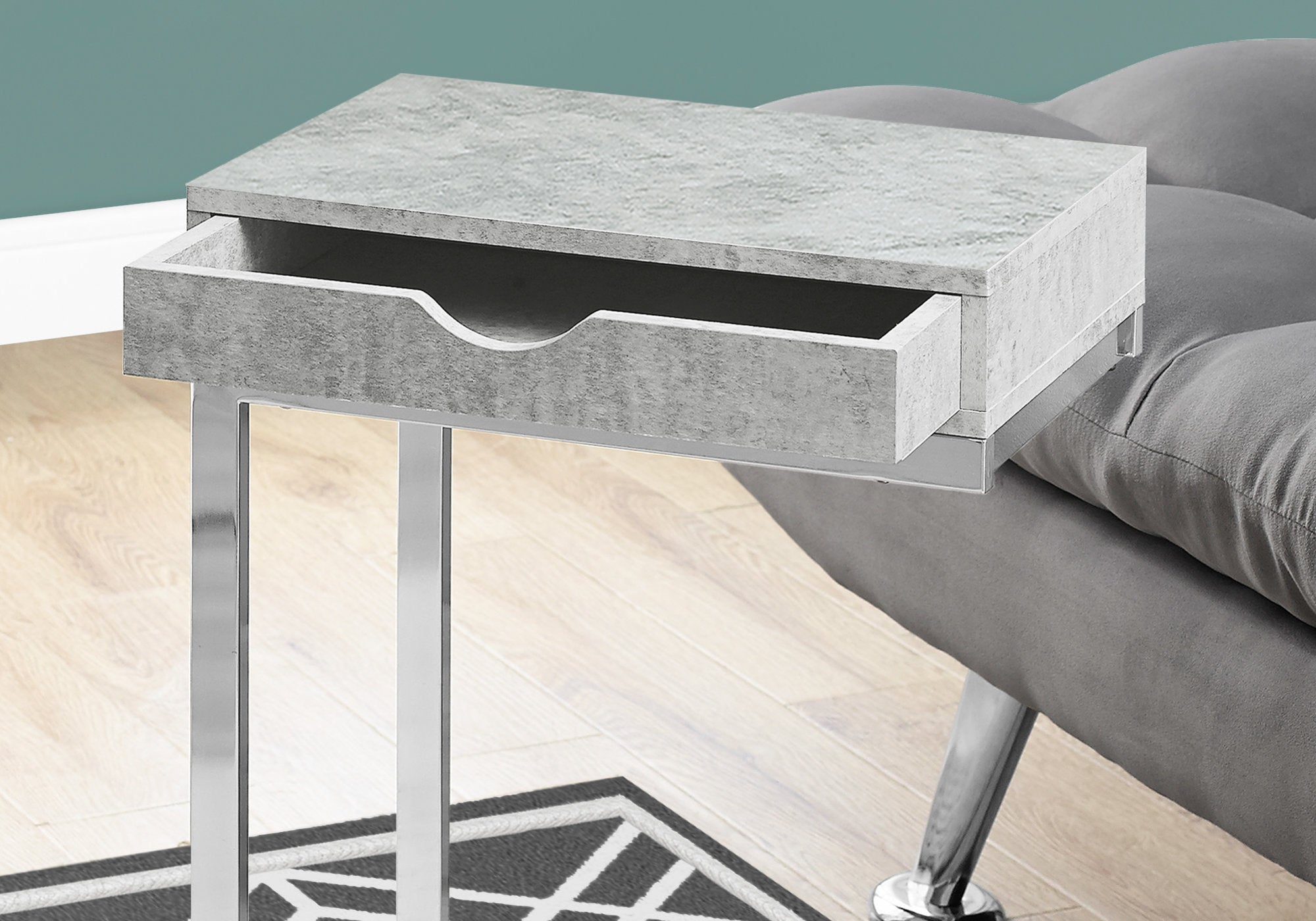 MN-373373    Accent Table, C-Shaped, End, Side, Snack, Living Room, Bedroom, Storage Drawer, Metal Legs, Laminate, Grey Cement Look, Chrome, Contemporary, Modern