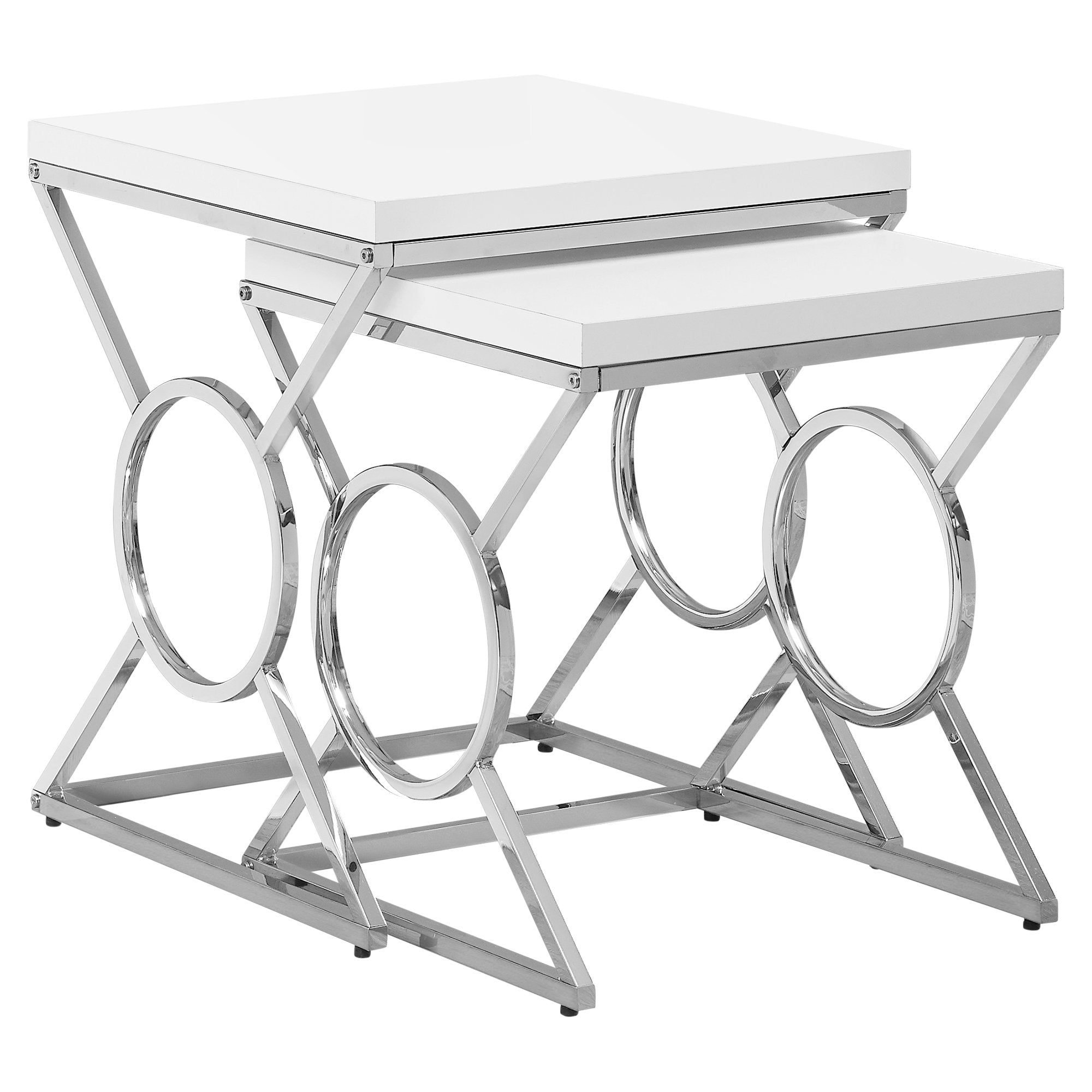 MN-443401    Nesting Table, Set Of 2, Side, End, Metal, Accent, Living Room, Bedroom, Metal Base, Laminate, Glossy White, Chrome, Contemporary, Modern
