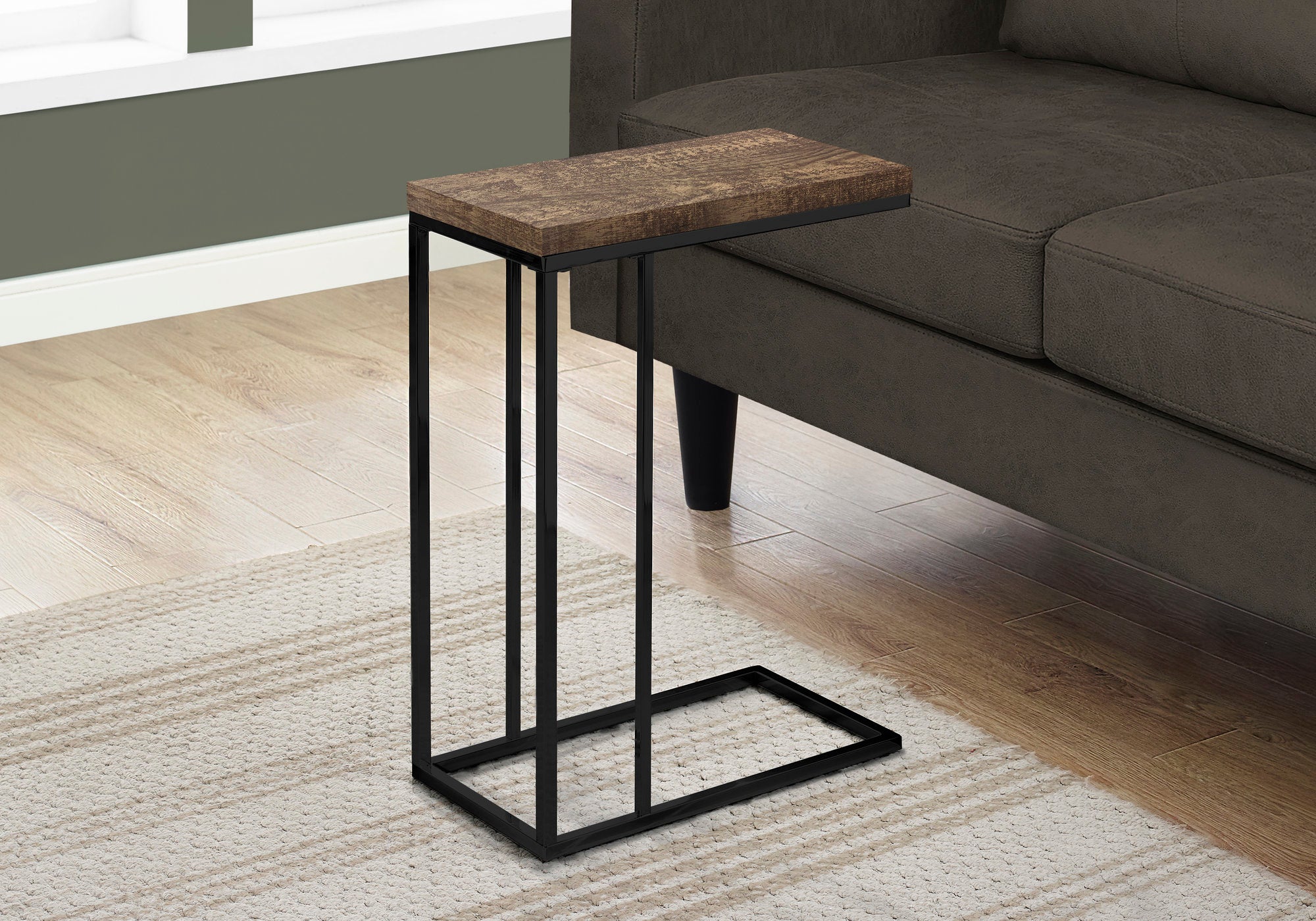 MN-463403    Accent Table, C-Shaped, End, Side, Snack, Living Room, Bedroom, Metal Legs, Laminate, Brown Reclaimed Wood Look, Black, Contemporary, Modern