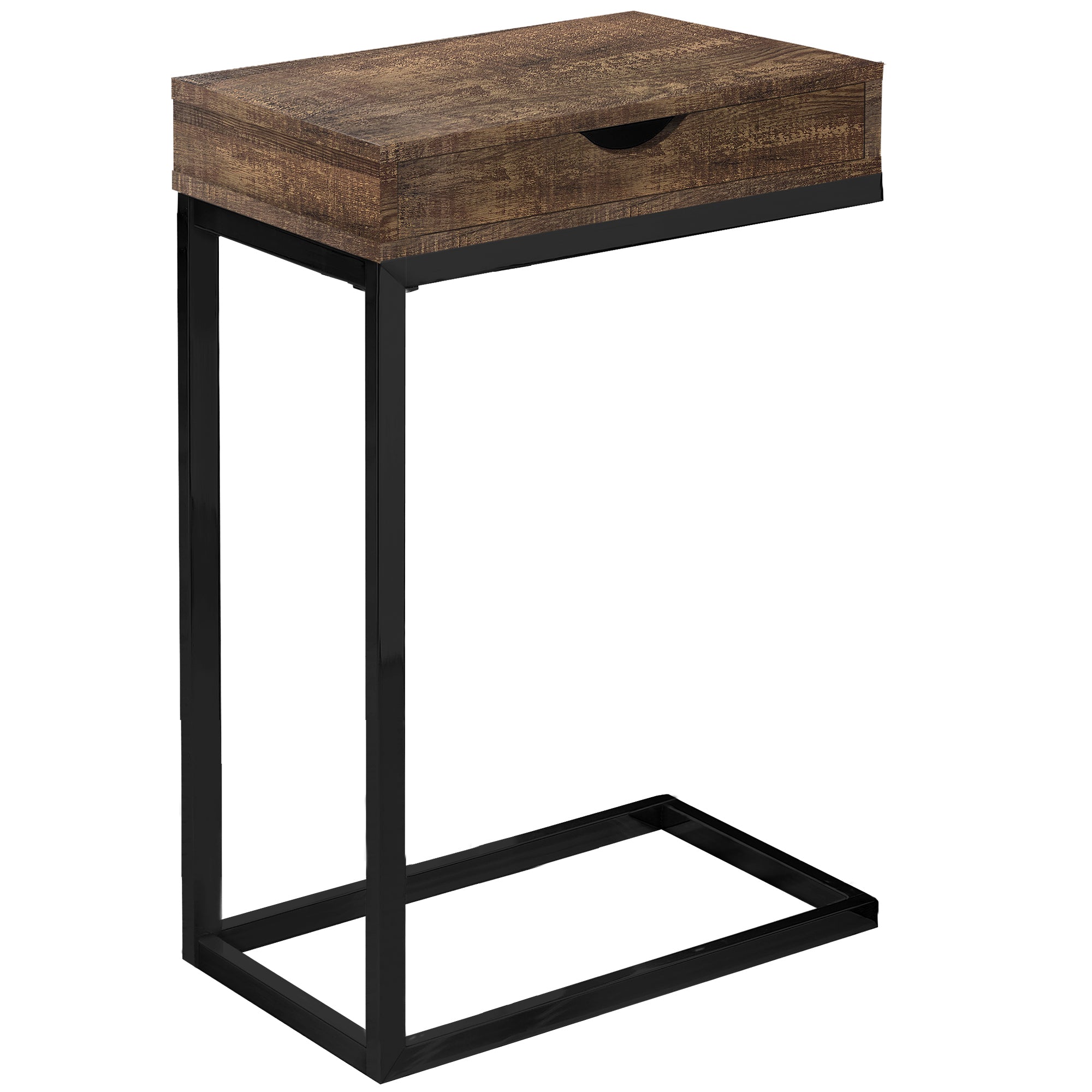 MN-493406    Accent Table, C-Shaped, End, Side, Snack, Living Room, Bedroom, Storage Drawer, Metal Legs, Laminate, Brown Reclaimed Wood Look, Black, Contemporary, Modern